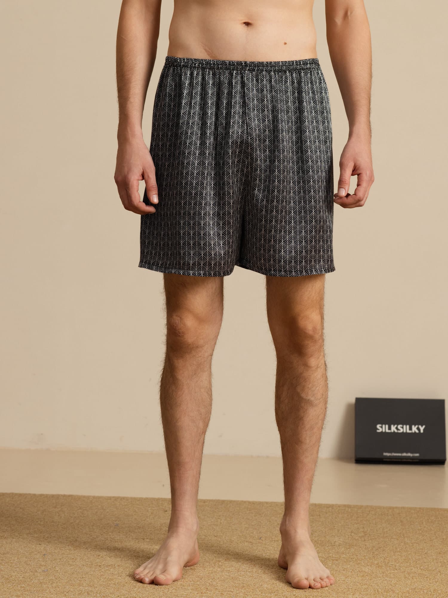 Pantalones Cortos De Dormir Para Hombre Pure Silk Ginkgo Azul Marino Estampado Cintura Elástica - Image 10