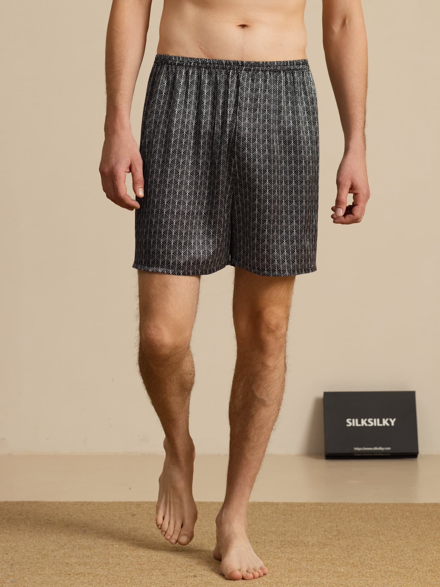Pantalones Cortos De Dormir Para Hombre Pure Silk Ginkgo Azul Marino Estampado Cintura Elástica - Image 11