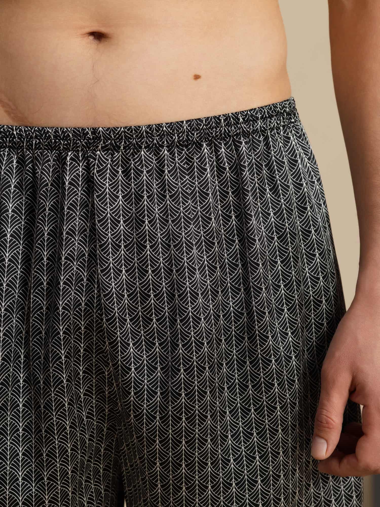 Pantalones Cortos De Dormir Para Hombre Pure Silk Ginkgo Azul Marino Estampado Cintura Elástica - Image 12