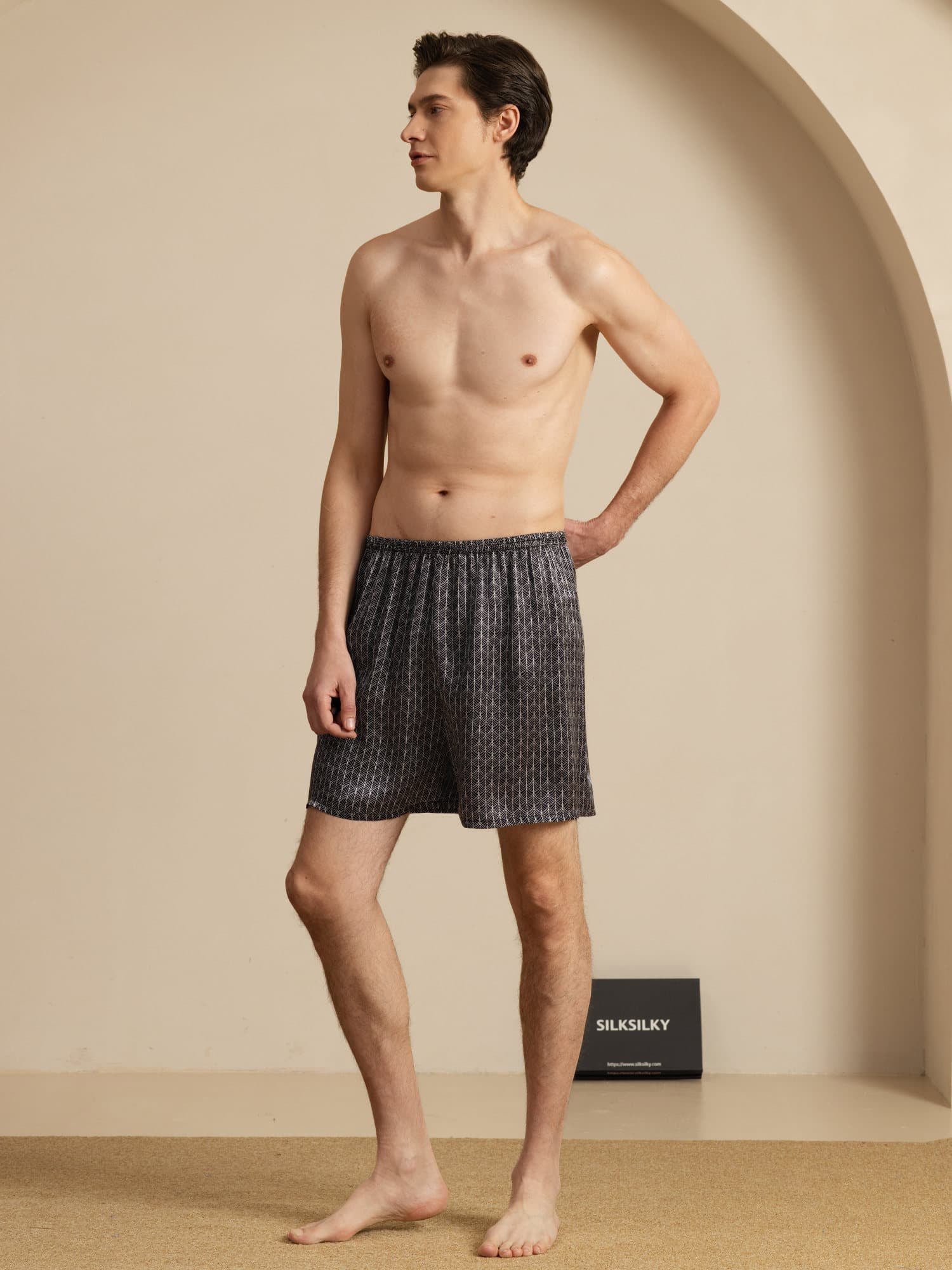 Pantalones Cortos De Dormir Para Hombre Pure Silk Ginkgo Azul Marino Estampado Cintura Elástica - Image 13