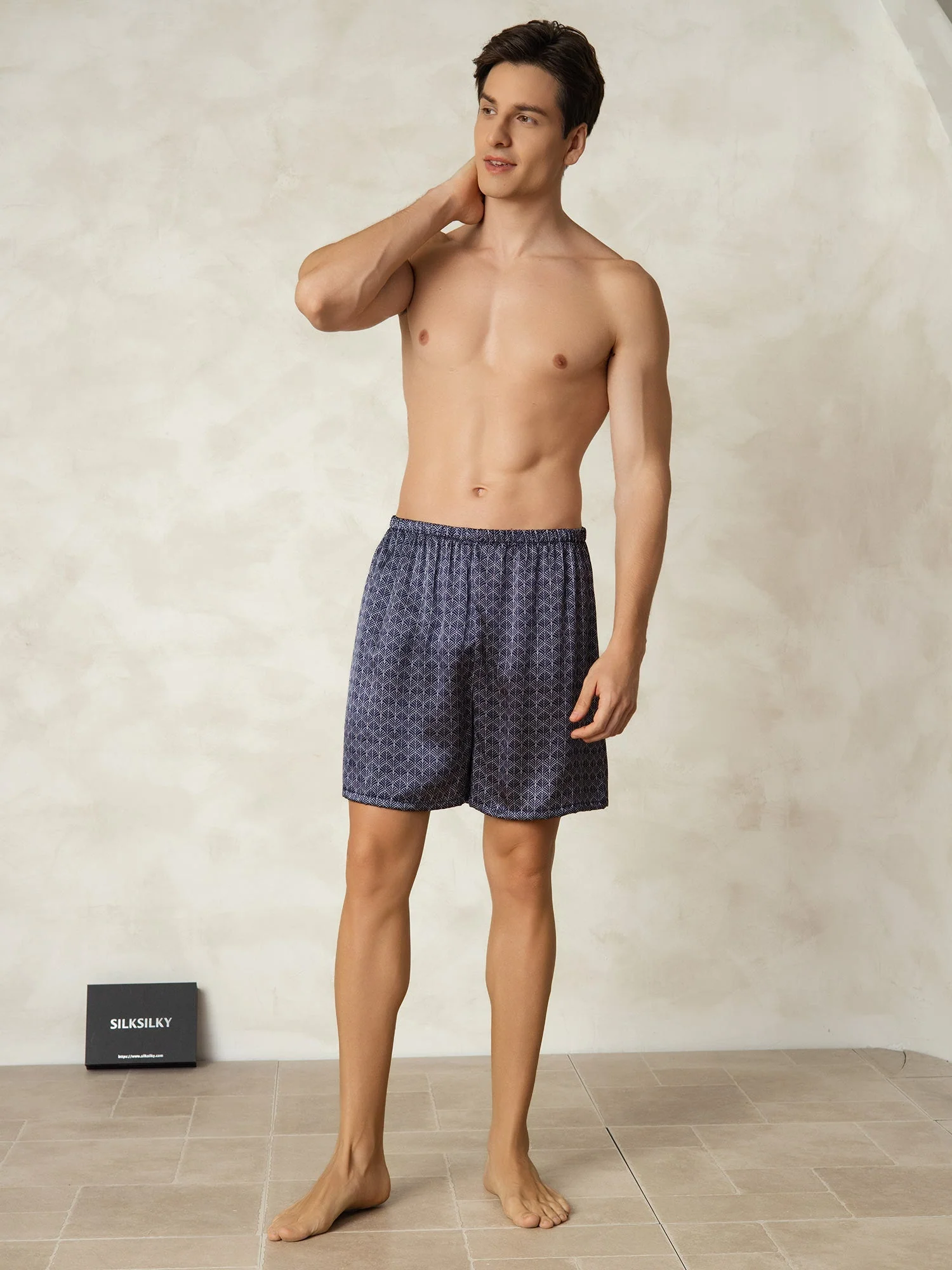 Pantalones Cortos De Dormir Para Hombre Pure Silk Ginkgo Azul Marino Estampado Cintura Elástica - Image 6