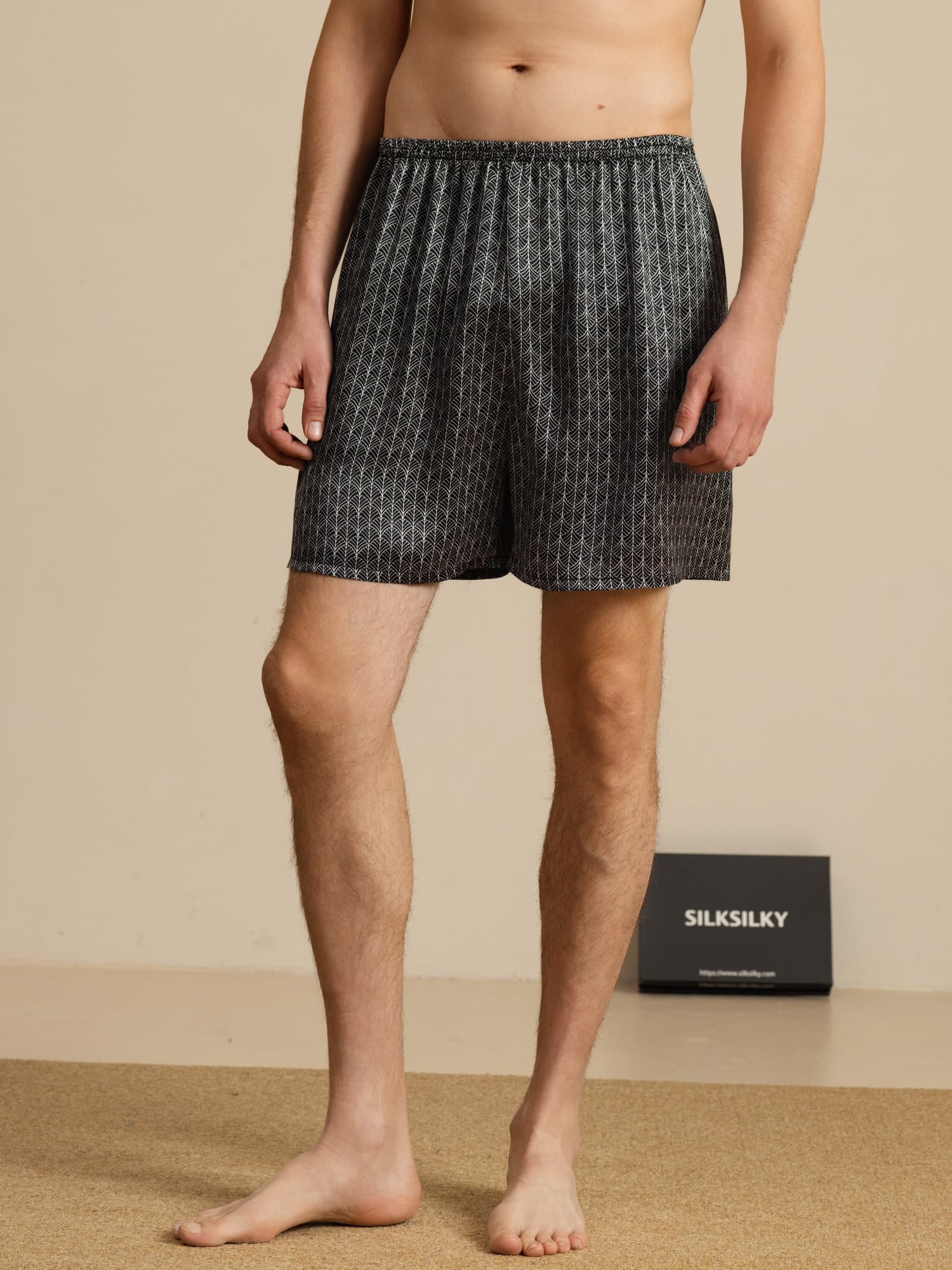 Pantalones Cortos De Dormir Para Hombre Pure Silk Ginkgo Azul Marino Estampado Cintura Elástica - Image 8