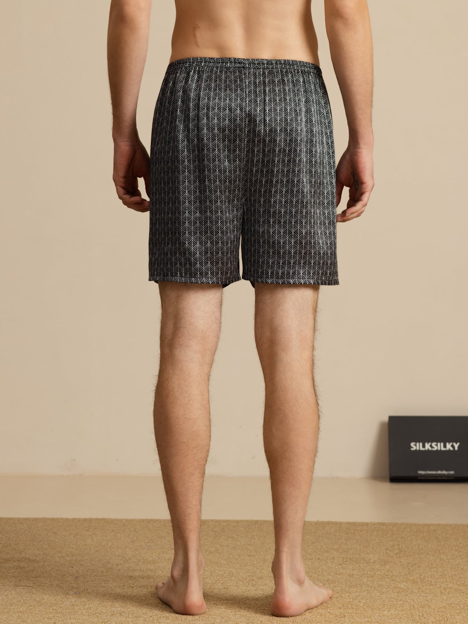 Pantalones Cortos De Dormir Para Hombre Pure Silk Ginkgo Azul Marino Estampado Cintura Elástica - Image 9