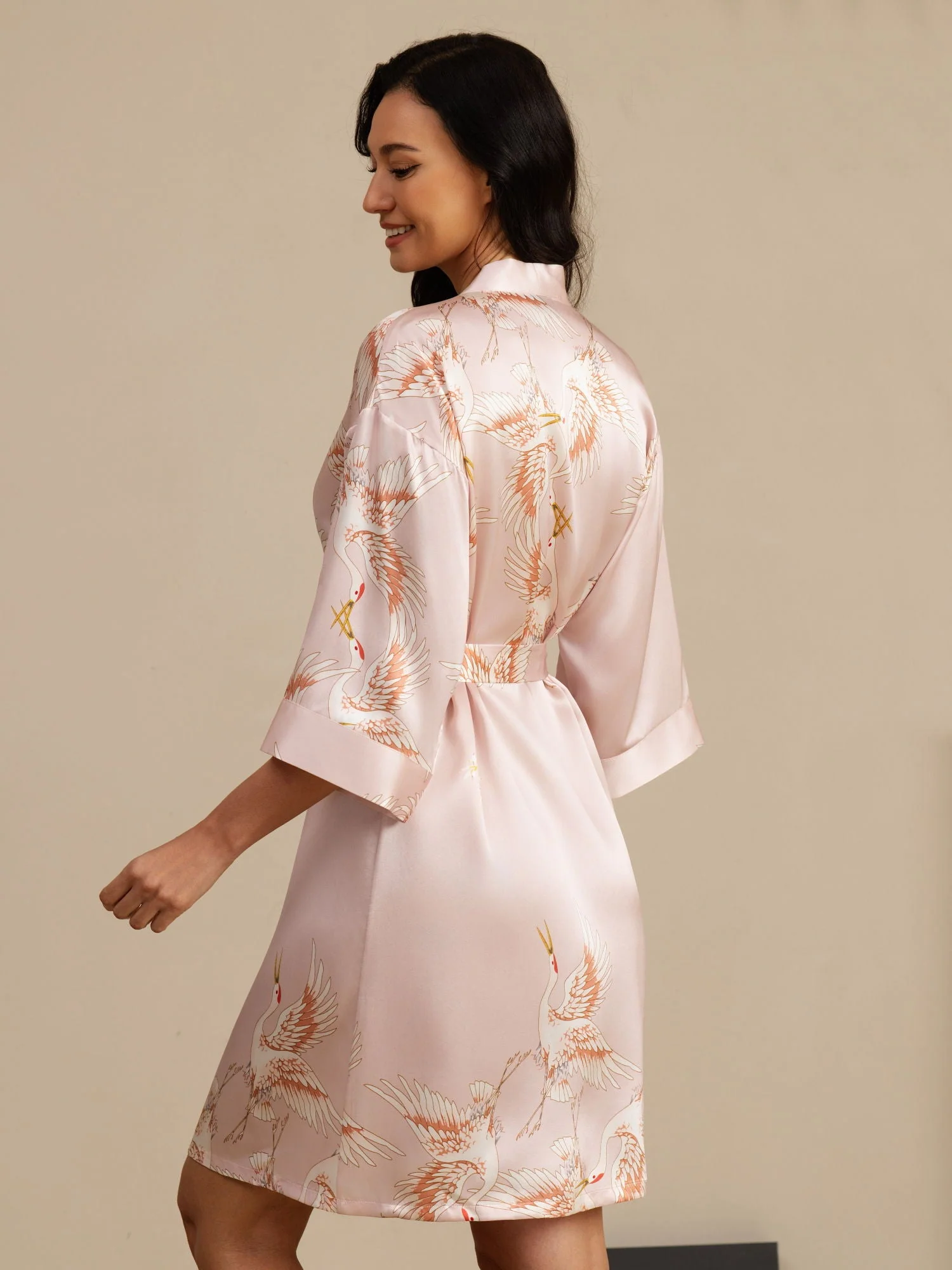 19Momme Seda Pura Kimono Bata Envolvente Con Cinturón para Mujer Estampado de Grulla - Image 10