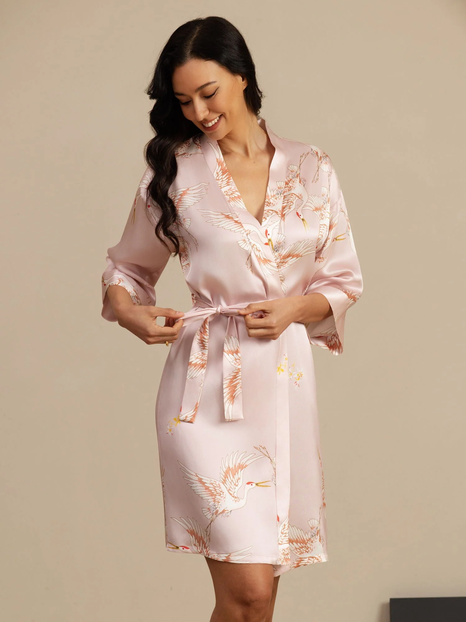 19Momme Seda Pura Kimono Bata Envolvente Con Cinturón para Mujer Estampado de Grulla - Image 11