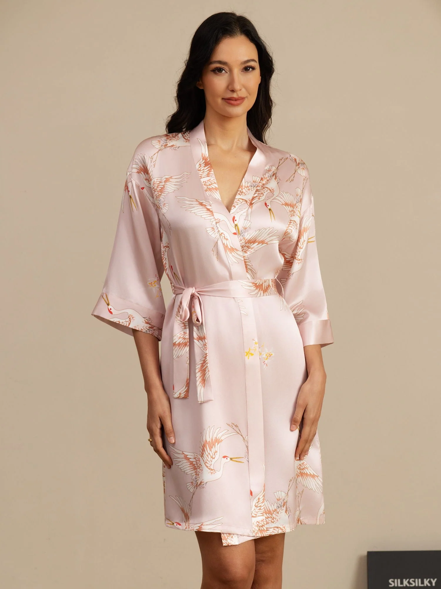 19Momme Seda Pura Kimono Bata Envolvente Con Cinturón para Mujer Estampado de Grulla - Image 13
