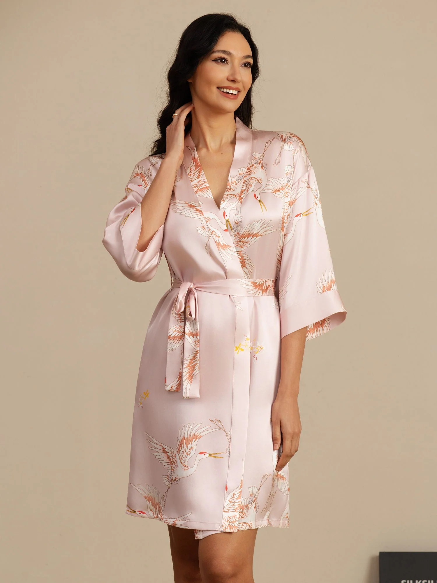 19Momme Seda Pura Kimono Bata Envolvente Con Cinturón para Mujer Estampado de Grulla - Image 14