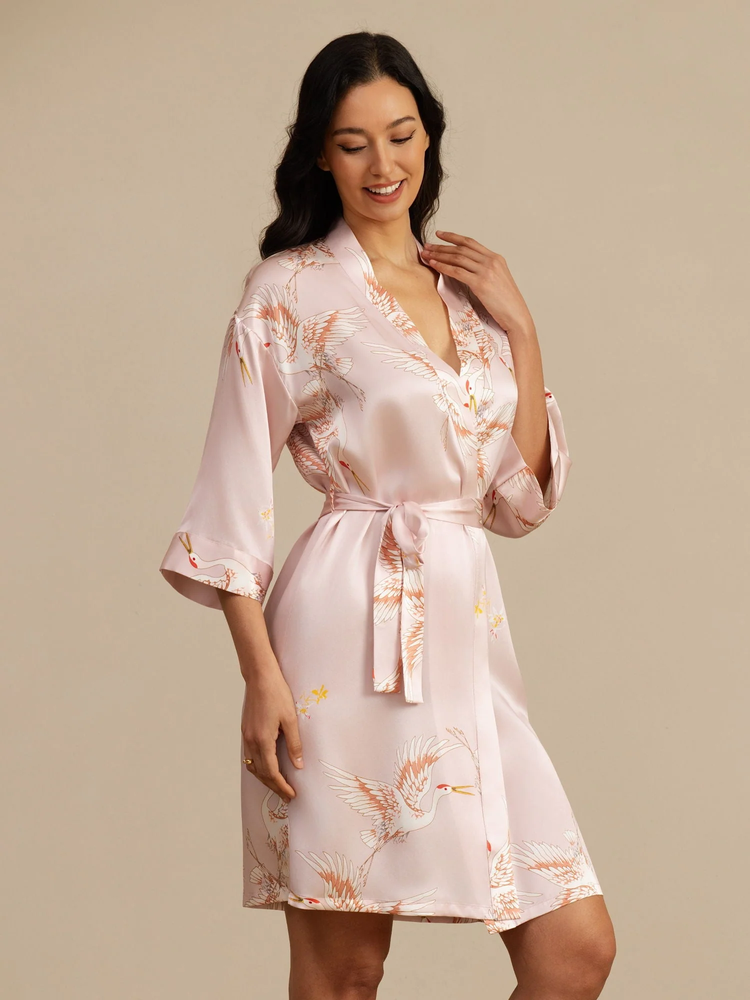 19Momme Seda Pura Kimono Bata Envolvente Con Cinturón para Mujer Estampado de Grulla - Image 15