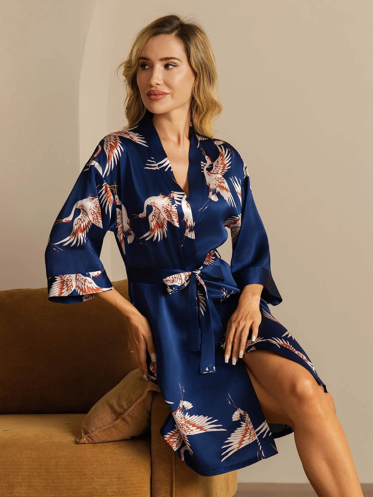 19Momme Seda Pura Kimono Bata Envolvente Con Cinturón para Mujer Estampado de Grulla - Image 16