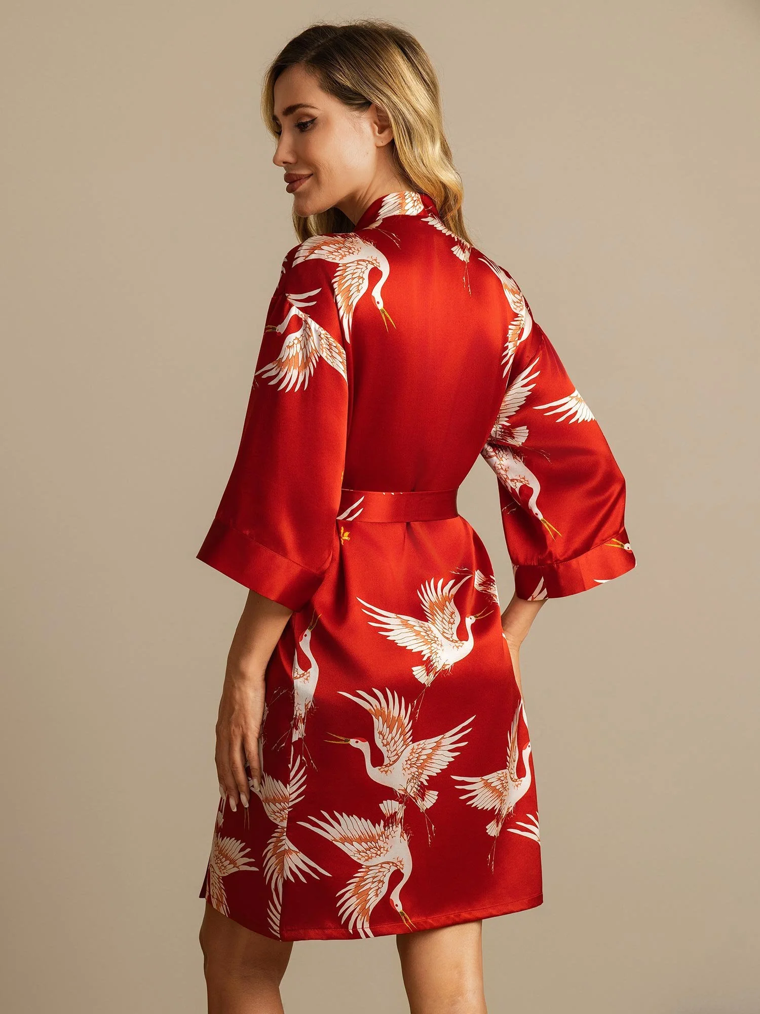19Momme Seda Pura Kimono Bata Envolvente Con Cinturón para Mujer Estampado de Grulla - Image 2
