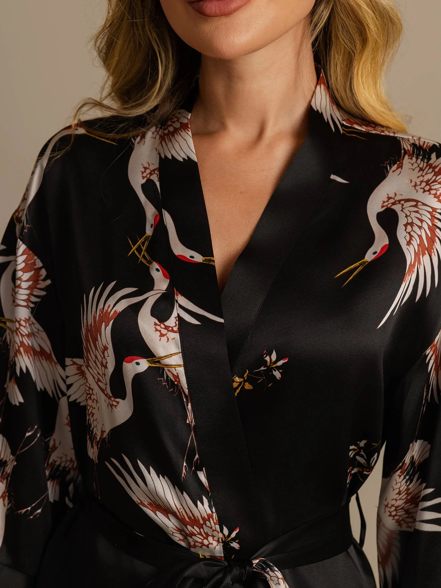 19Momme Seda Pura Kimono Bata Envolvente Con Cinturón para Mujer Estampado de Grulla - Image 26