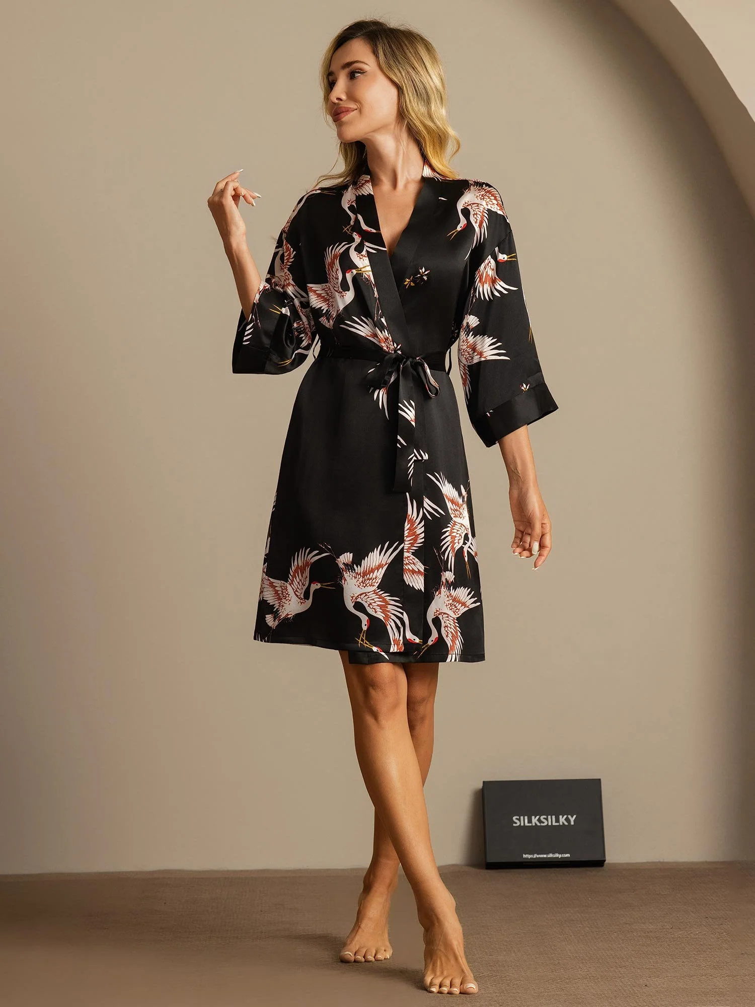 19Momme Seda Pura Kimono Bata Envolvente Con Cinturón para Mujer Estampado de Grulla - Image 27