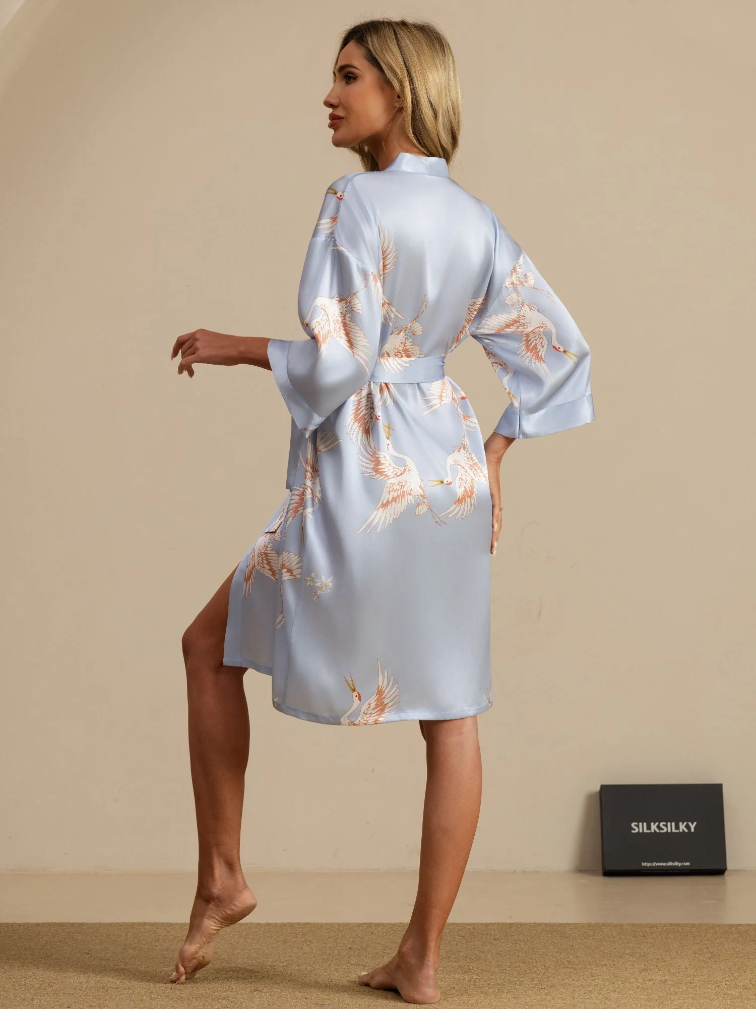 19Momme Seda Pura Kimono Bata Envolvente Con Cinturón para Mujer Estampado de Grulla - Image 32
