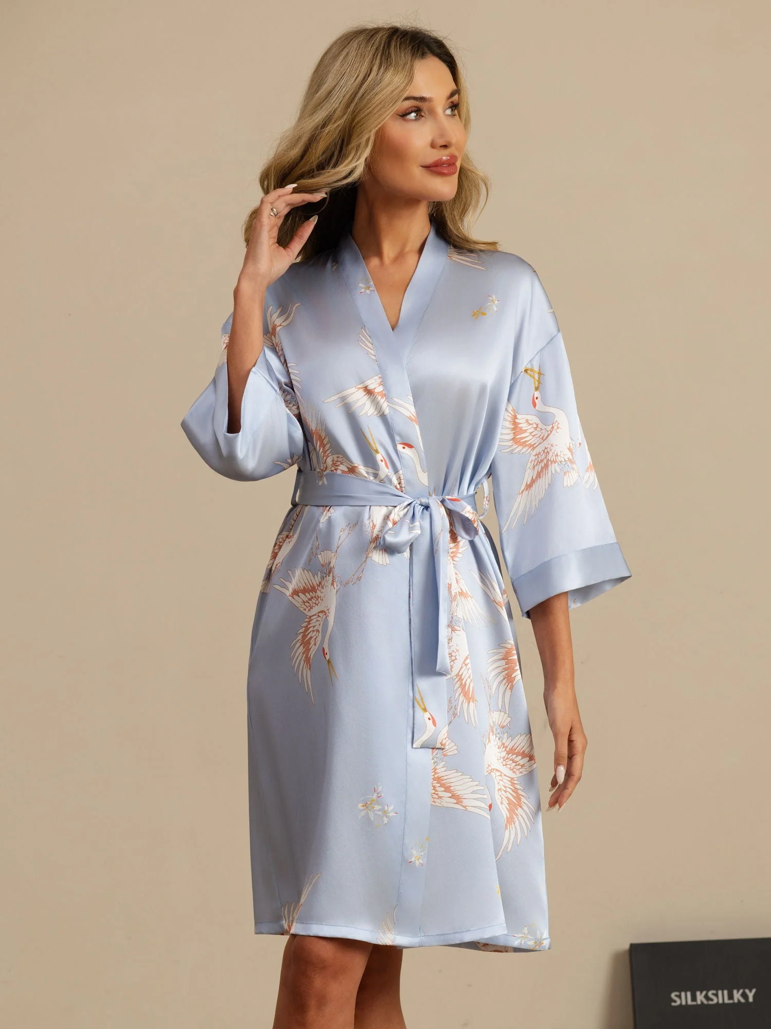 19Momme Seda Pura Kimono Bata Envolvente Con Cinturón para Mujer Estampado de Grulla - Image 33