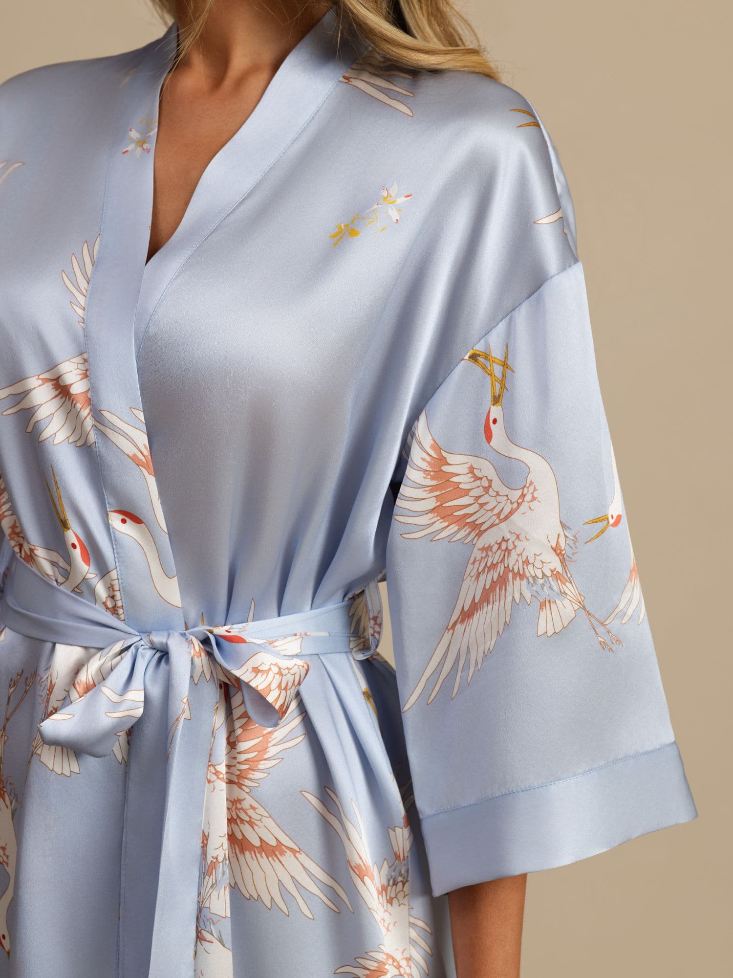 19Momme Seda Pura Kimono Bata Envolvente Con Cinturón para Mujer Estampado de Grulla - Image 35
