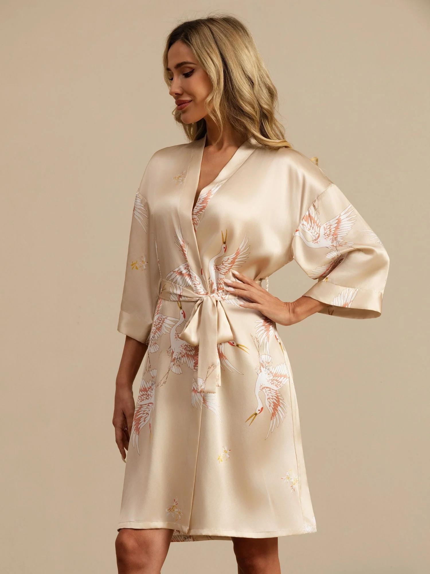 19Momme Seda Pura Kimono Bata Envolvente Con Cinturón para Mujer Estampado de Grulla - Image 37