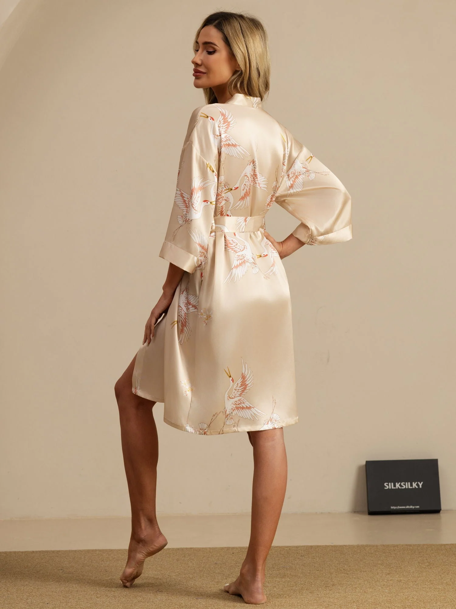 19Momme Seda Pura Kimono Bata Envolvente Con Cinturón para Mujer Estampado de Grulla - Image 38
