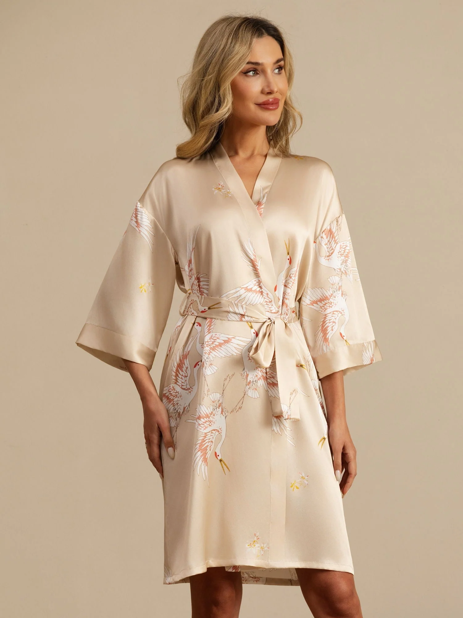 19Momme Seda Pura Kimono Bata Envolvente Con Cinturón para Mujer Estampado de Grulla - Image 39
