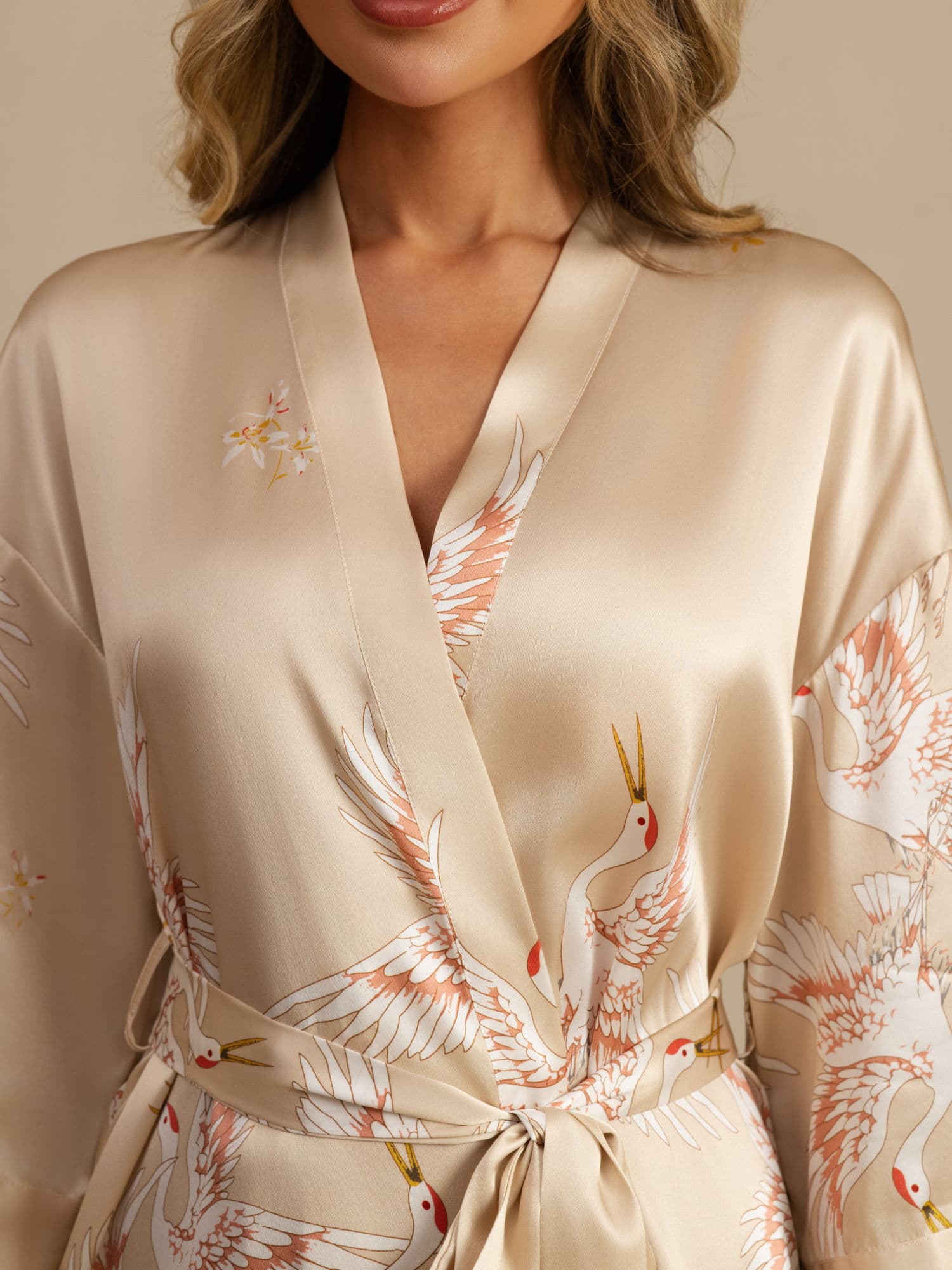 19Momme Seda Pura Kimono Bata Envolvente Con Cinturón para Mujer Estampado de Grulla - Image 41