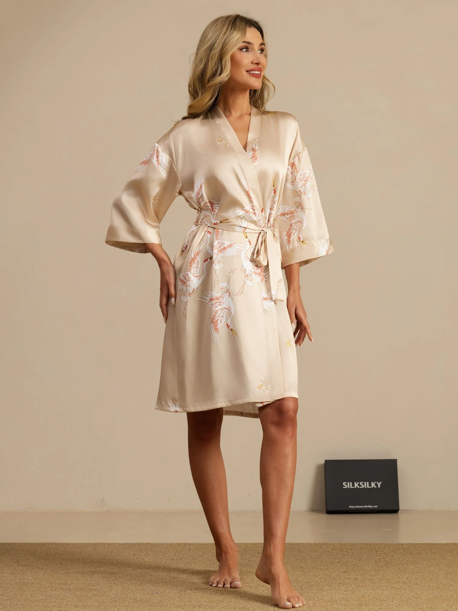19Momme Seda Pura Kimono Bata Envolvente Con Cinturón para Mujer Estampado de Grulla - Image 42