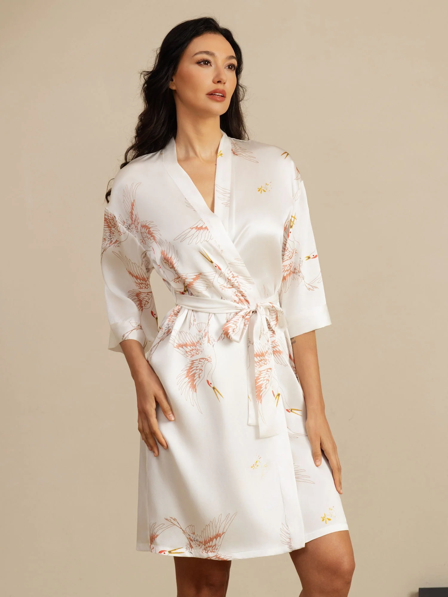 19Momme Seda Pura Kimono Bata Envolvente Con Cinturón para Mujer Estampado de Grulla - Image 44
