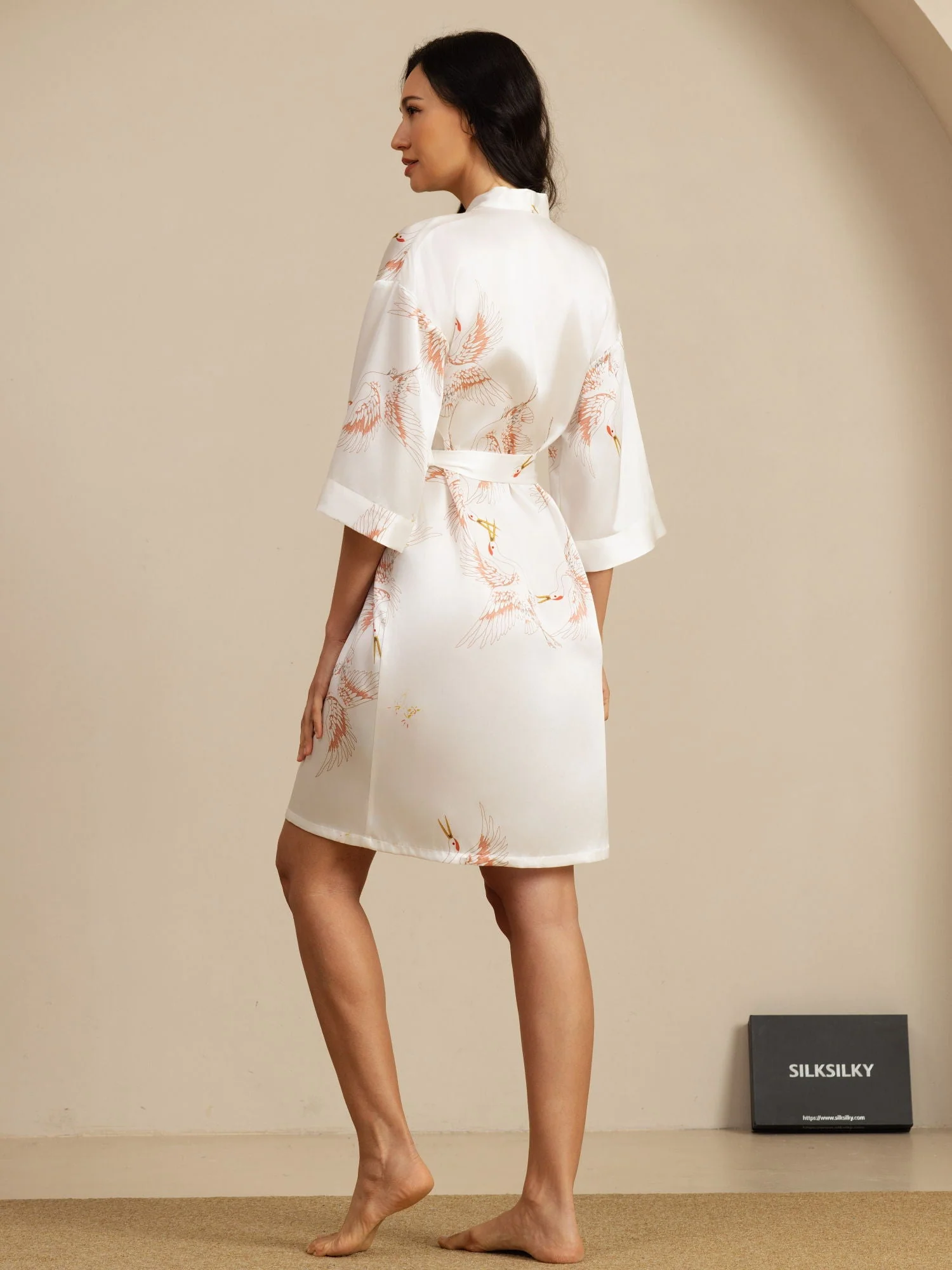 19Momme Seda Pura Kimono Bata Envolvente Con Cinturón para Mujer Estampado de Grulla - Image 45