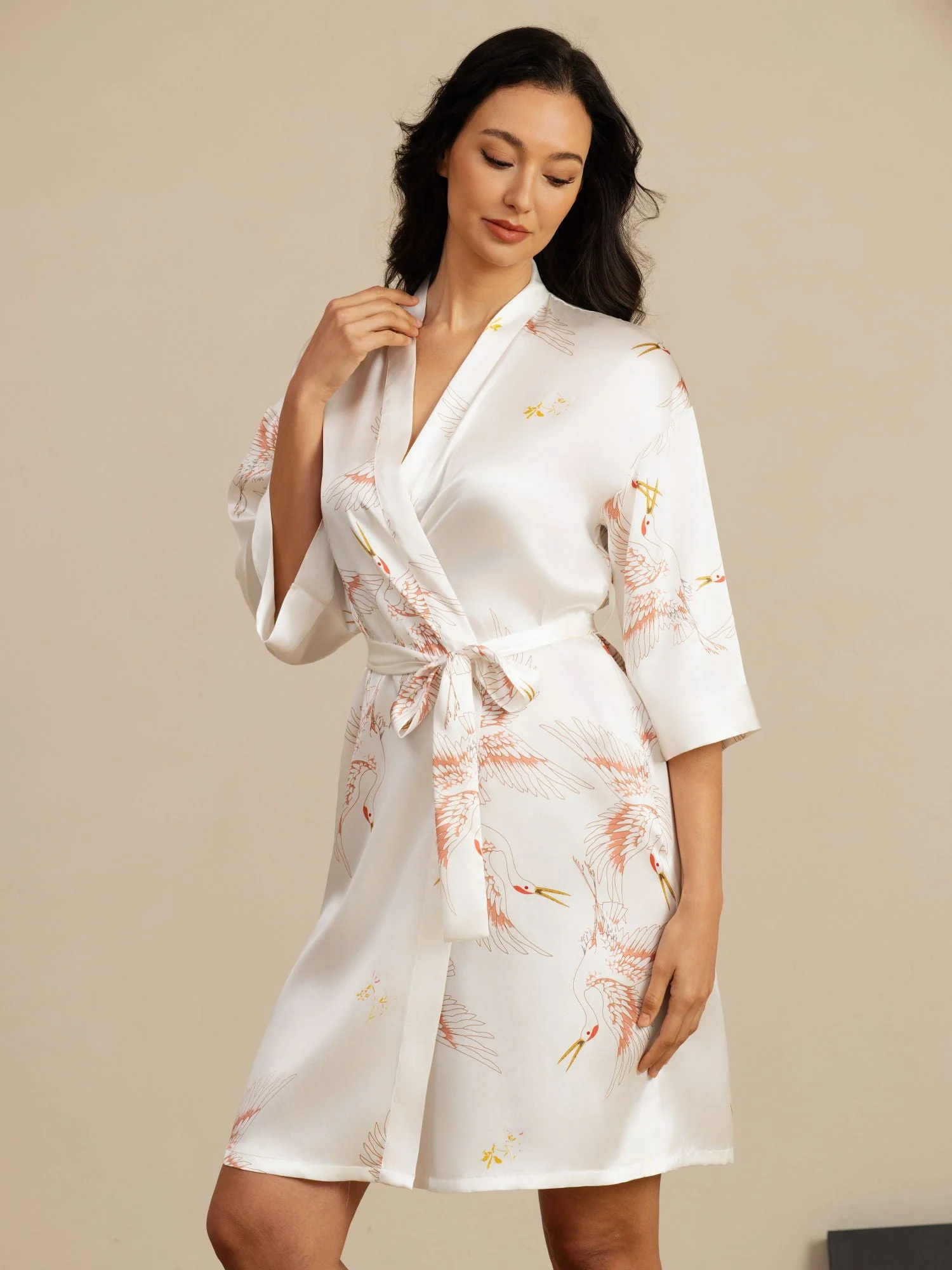 19Momme Seda Pura Kimono Bata Envolvente Con Cinturón para Mujer Estampado de Grulla - Image 46