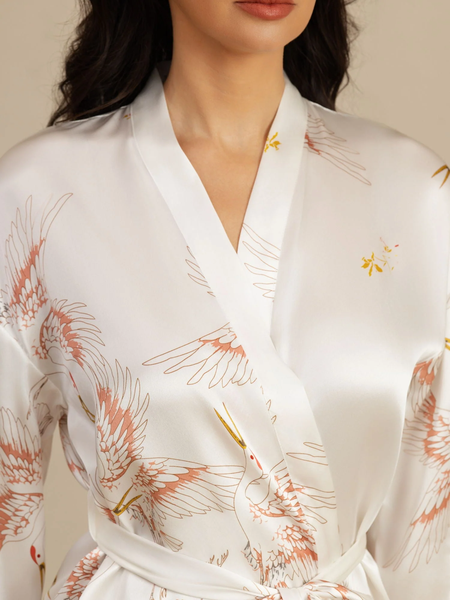 19Momme Seda Pura Kimono Bata Envolvente Con Cinturón para Mujer Estampado de Grulla - Image 47