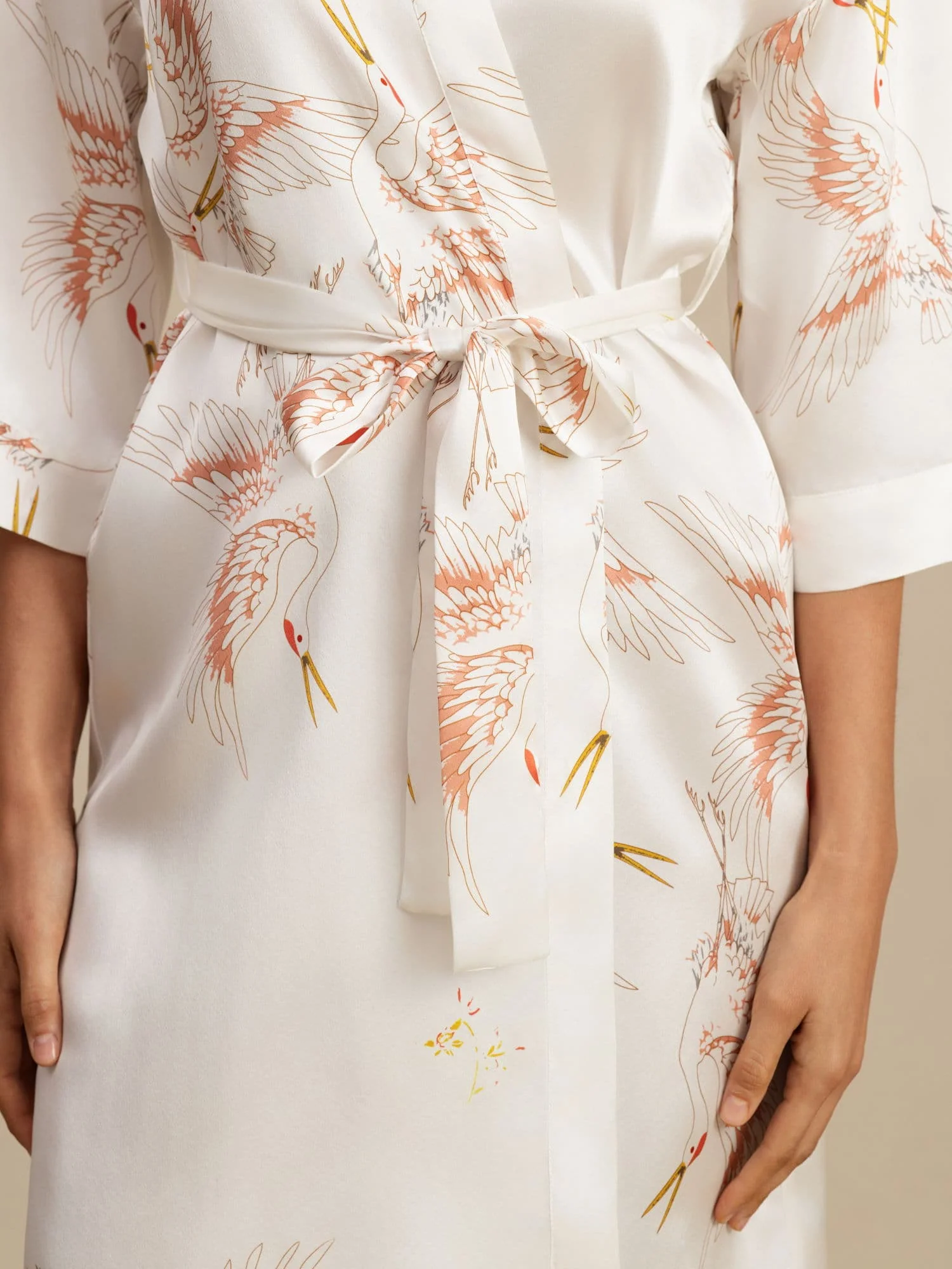 19Momme Seda Pura Kimono Bata Envolvente Con Cinturón para Mujer Estampado de Grulla - Image 48