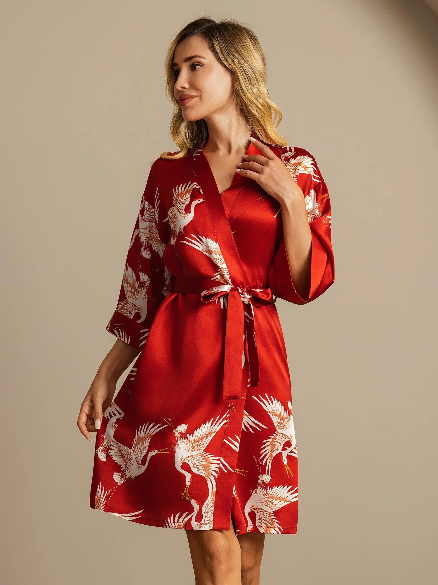 19Momme Seda Pura Kimono Bata Envolvente Con Cinturón para Mujer Estampado de Grulla - Image 6