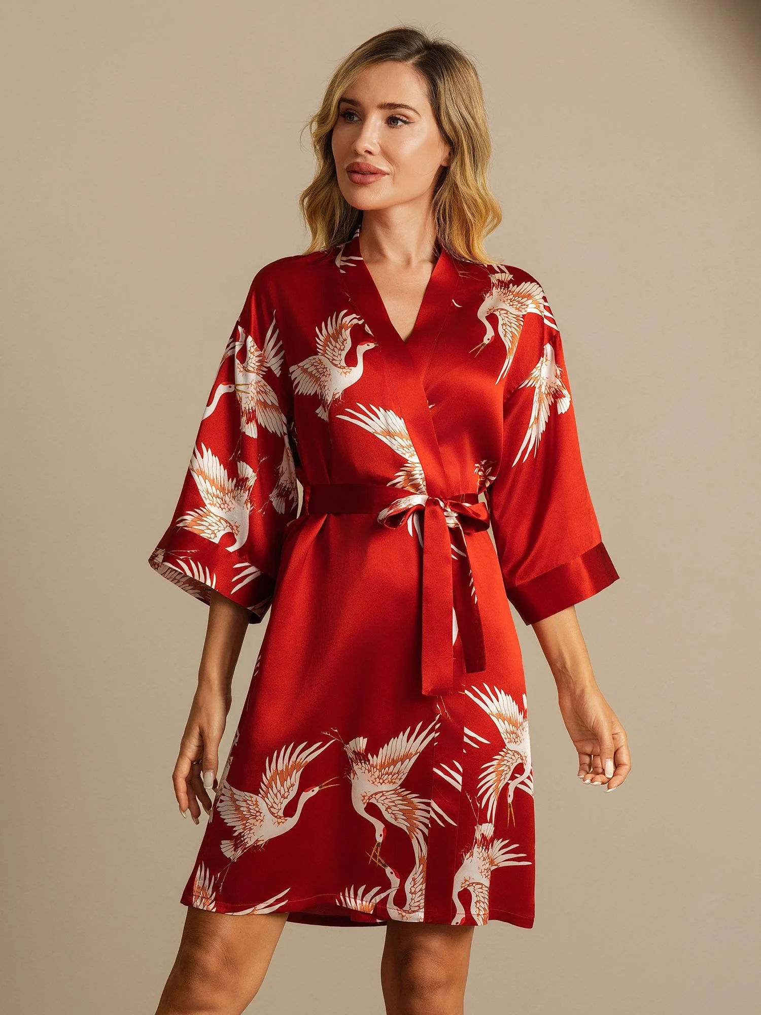 19Momme Seda Pura Kimono Bata Envolvente Con Cinturón para Mujer Estampado de Grulla - Image 7