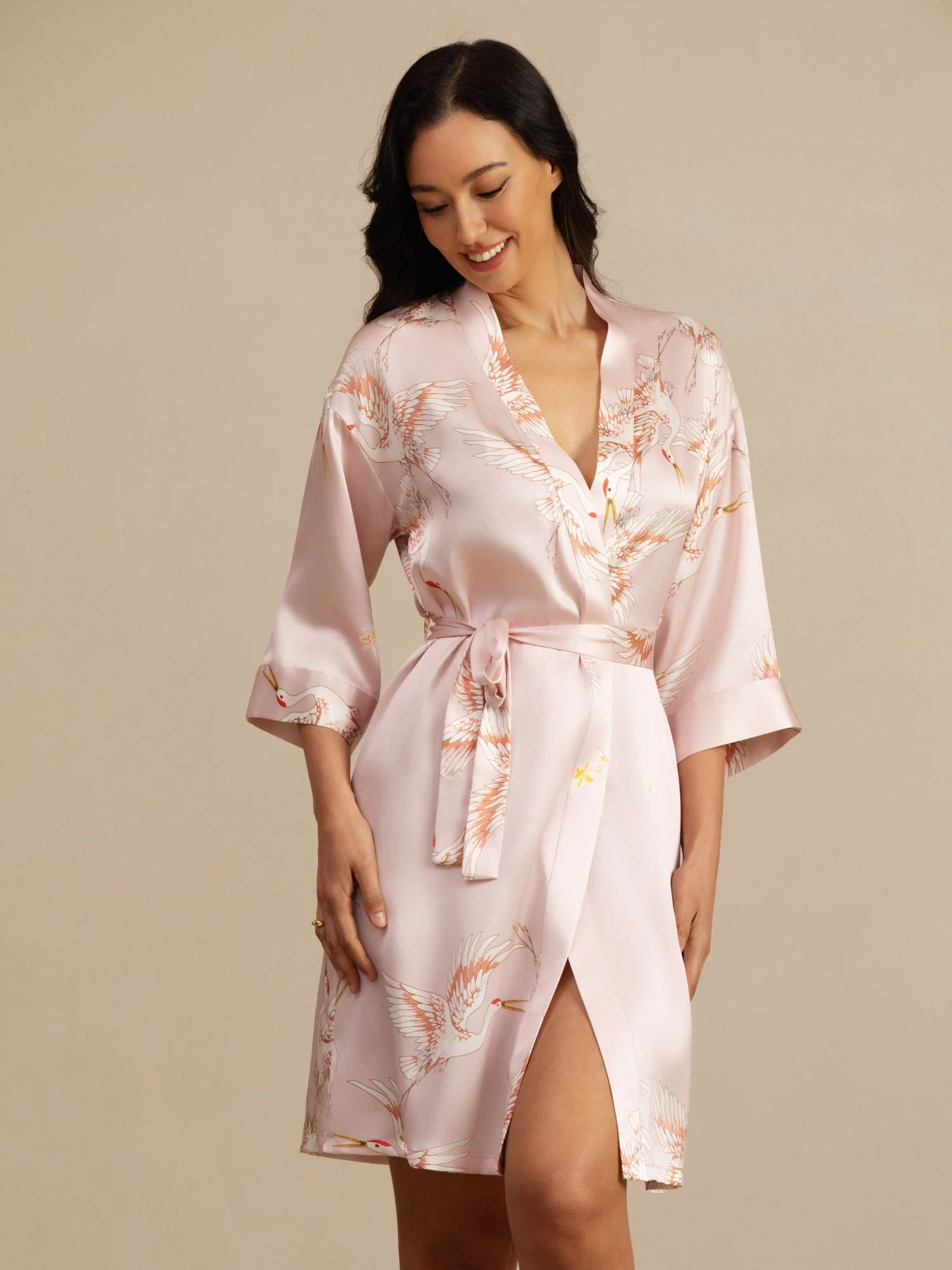 19Momme Seda Pura Kimono Bata Envolvente Con Cinturón para Mujer Estampado de Grulla - Image 9