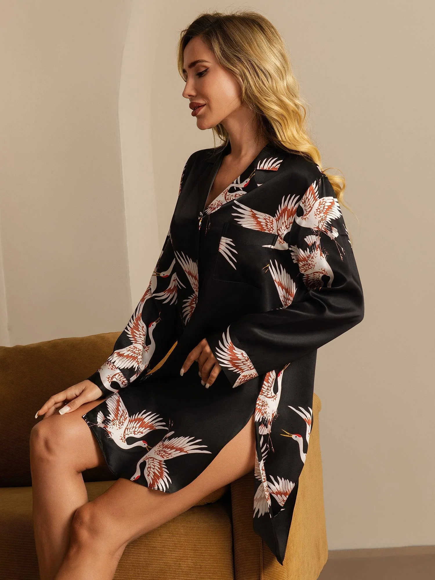 19Momme Seda Pura Camisón de Grulla con Dobladillo High-Low - Image 15