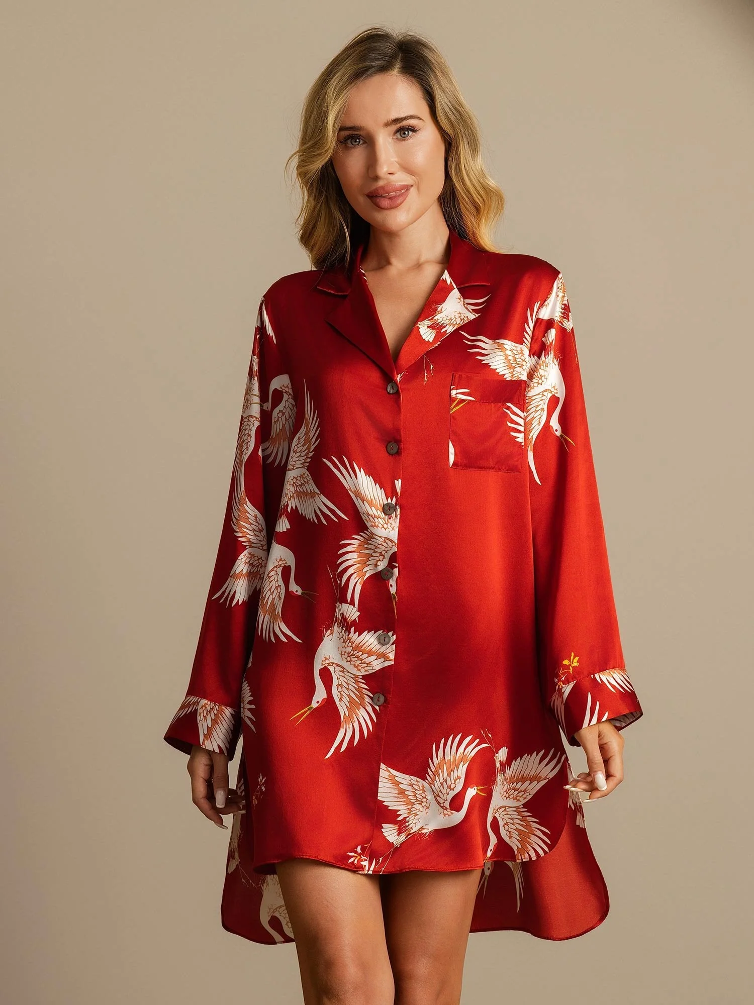 19Momme Seda Pura Camisón de Grulla con Dobladillo High-Low - Image 18
