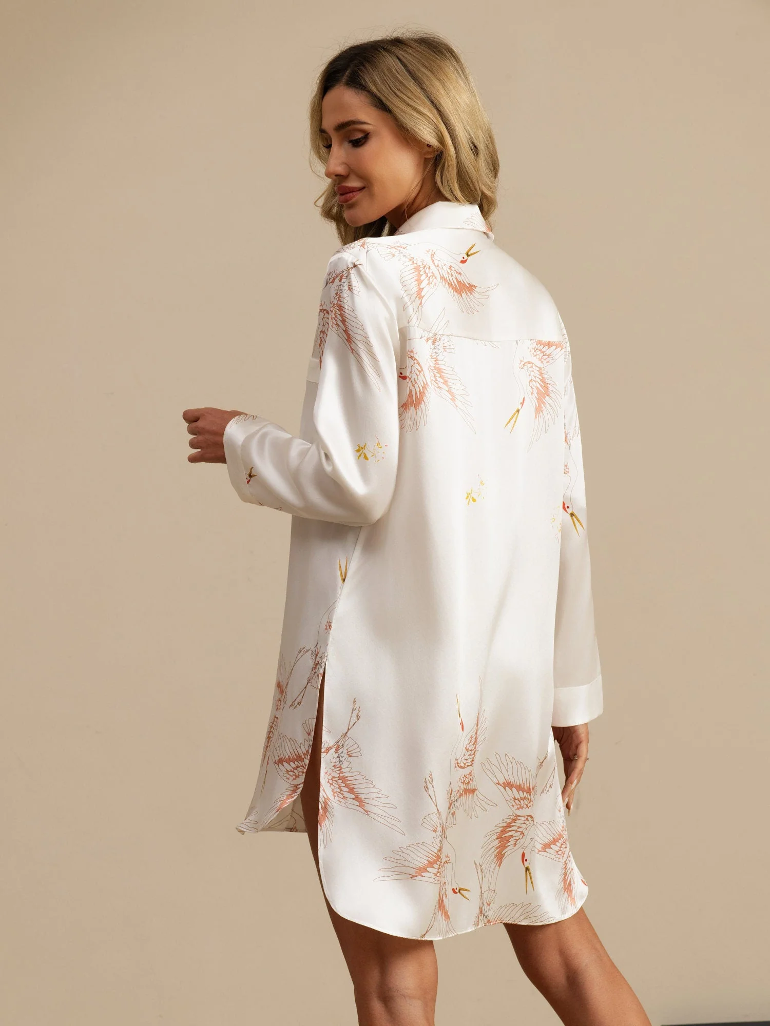 19Momme Seda Pura Camisón de Grulla con Dobladillo High-Low - Image 32