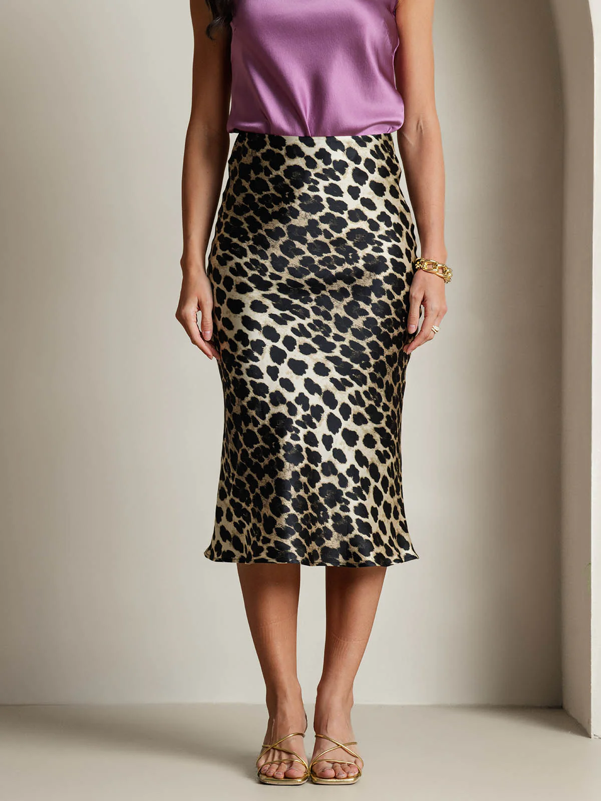 Falda Larga Recta De Seda Pura 19 Momme Con Estampado De Leopardo Elástica - Image 3