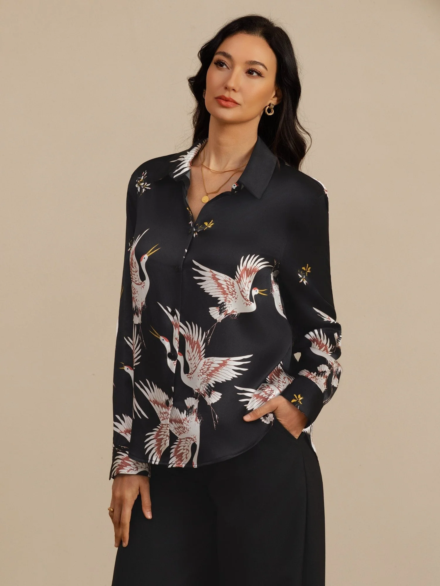 Blusa Mujer De Seda Pura 19 Momme Manga Larga Cuello Con Solapa Estampado Grulla Con Botones - Image 11
