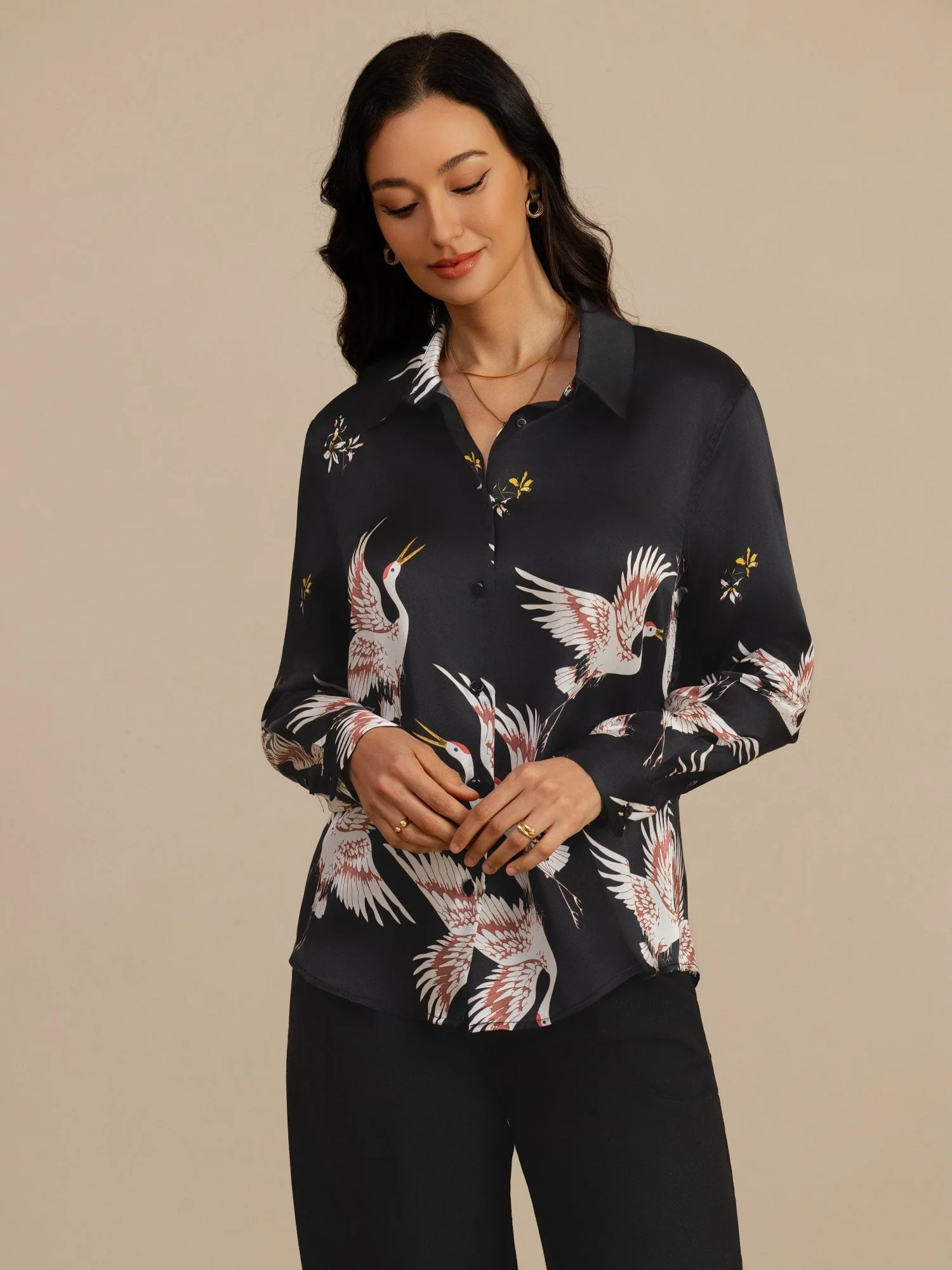 Blusa Mujer De Seda Pura 19 Momme Manga Larga Cuello Con Solapa Estampado Grulla Con Botones - Image 12