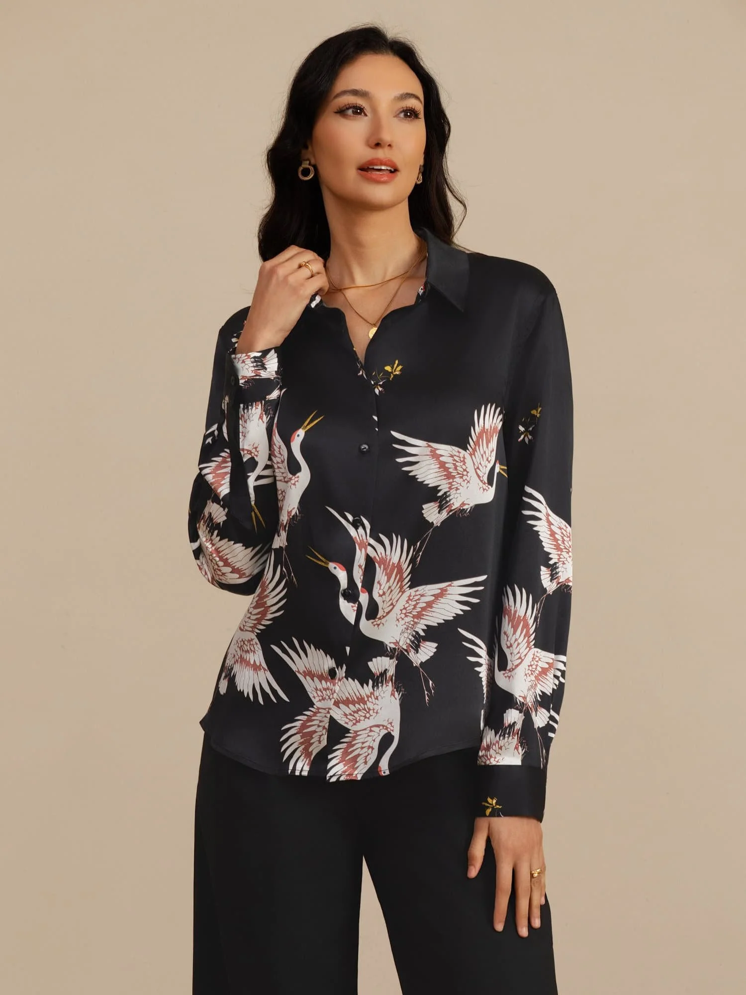 Blusa Mujer De Seda Pura 19 Momme Manga Larga Cuello Con Solapa Estampado Grulla Con Botones - Image 13