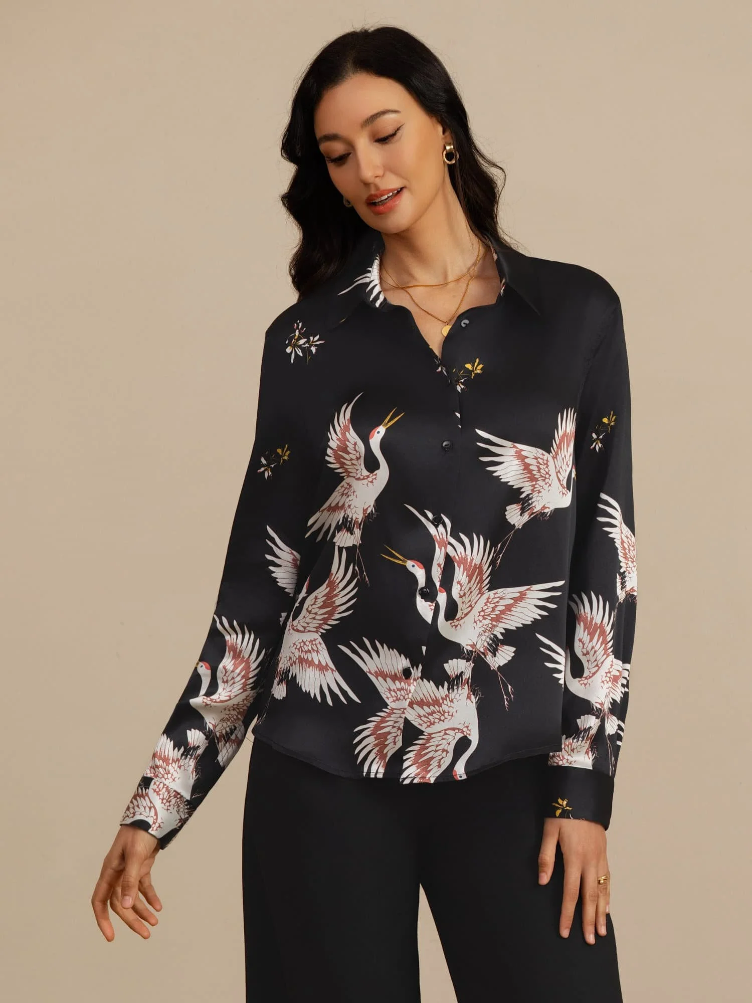 Blusa Mujer De Seda Pura 19 Momme Manga Larga Cuello Con Solapa Estampado Grulla Con Botones - Image 14