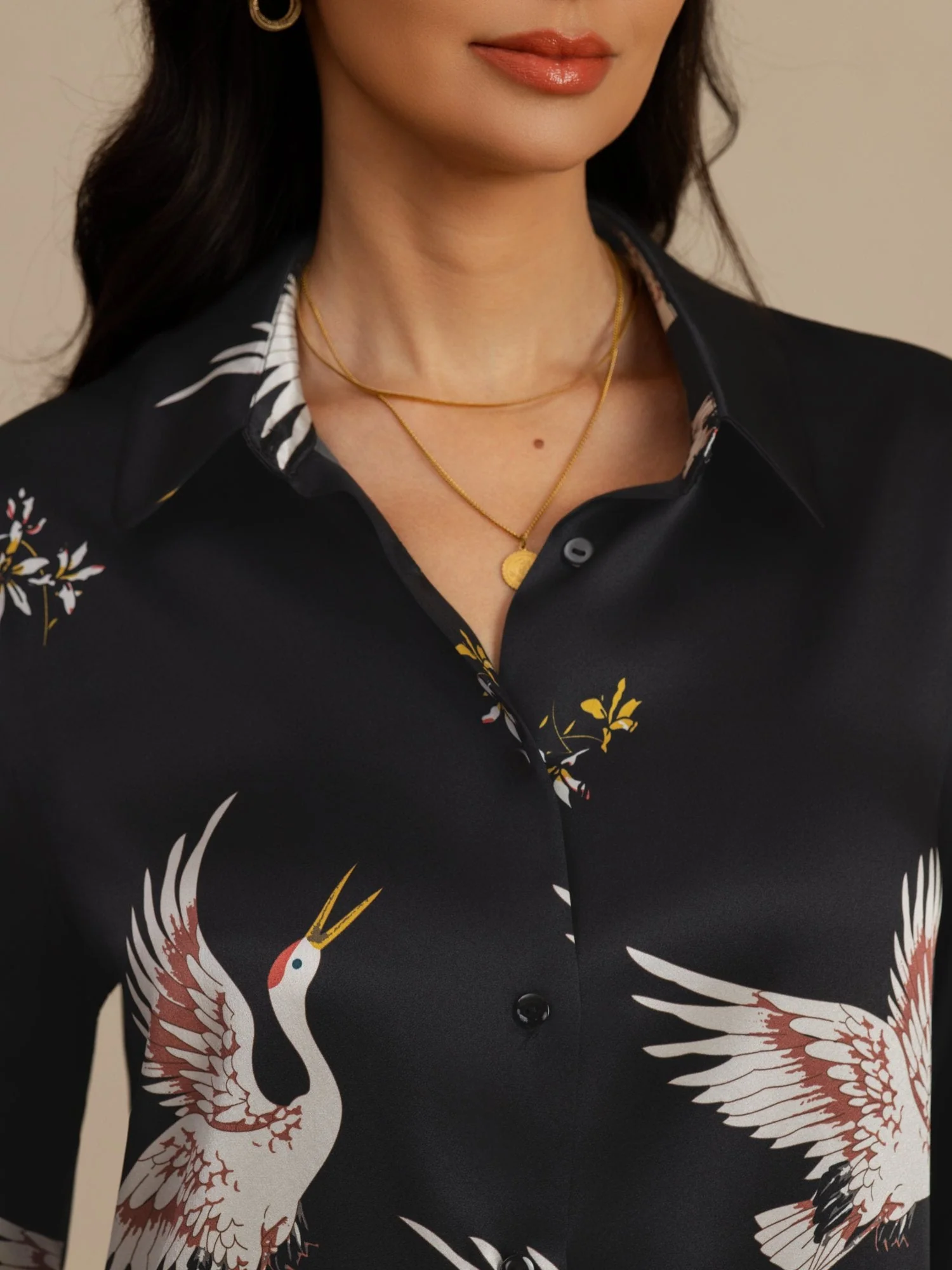 Blusa Mujer De Seda Pura 19 Momme Manga Larga Cuello Con Solapa Estampado Grulla Con Botones - Image 15