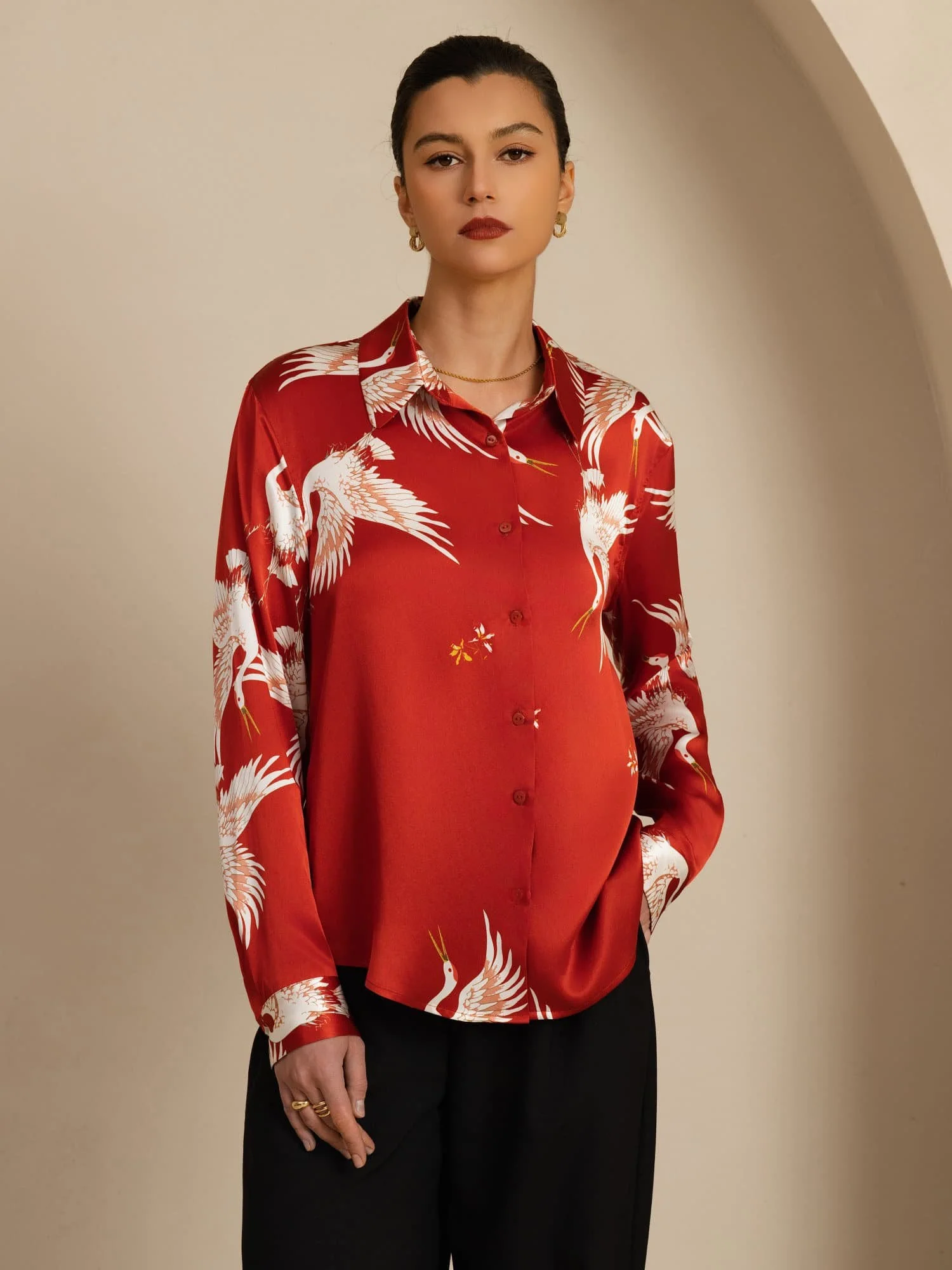 Blusa Mujer De Seda Pura 19 Momme Manga Larga Cuello Con Solapa Estampado Grulla Con Botones - Image 19