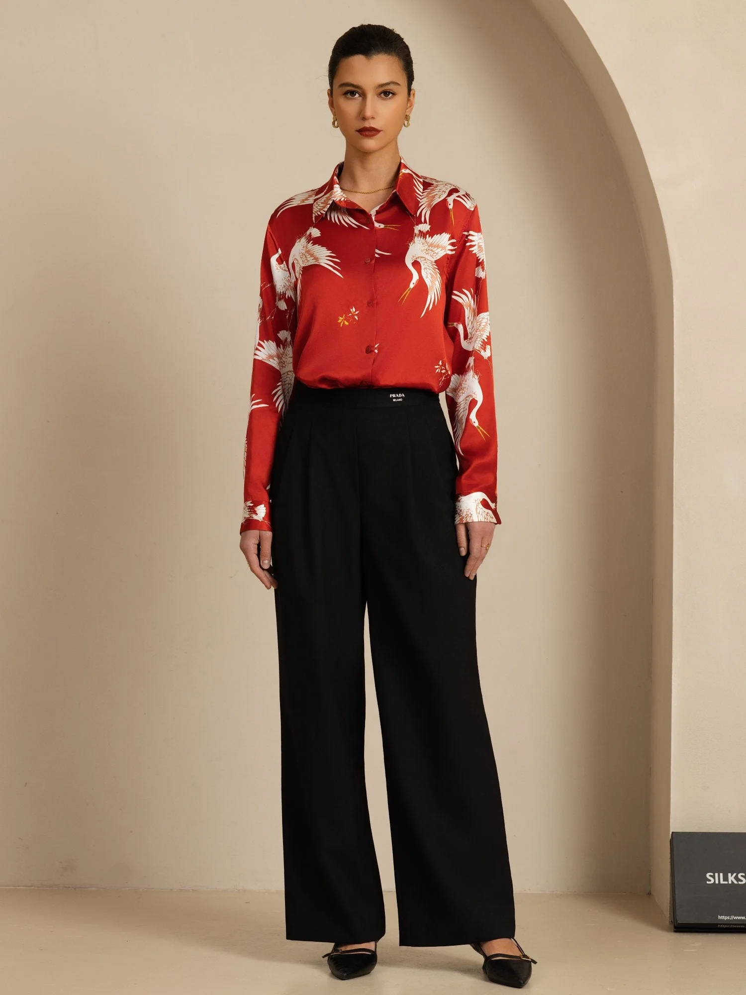 Blusa Mujer De Seda Pura 19 Momme Manga Larga Cuello Con Solapa Estampado Grulla Con Botones - Image 22
