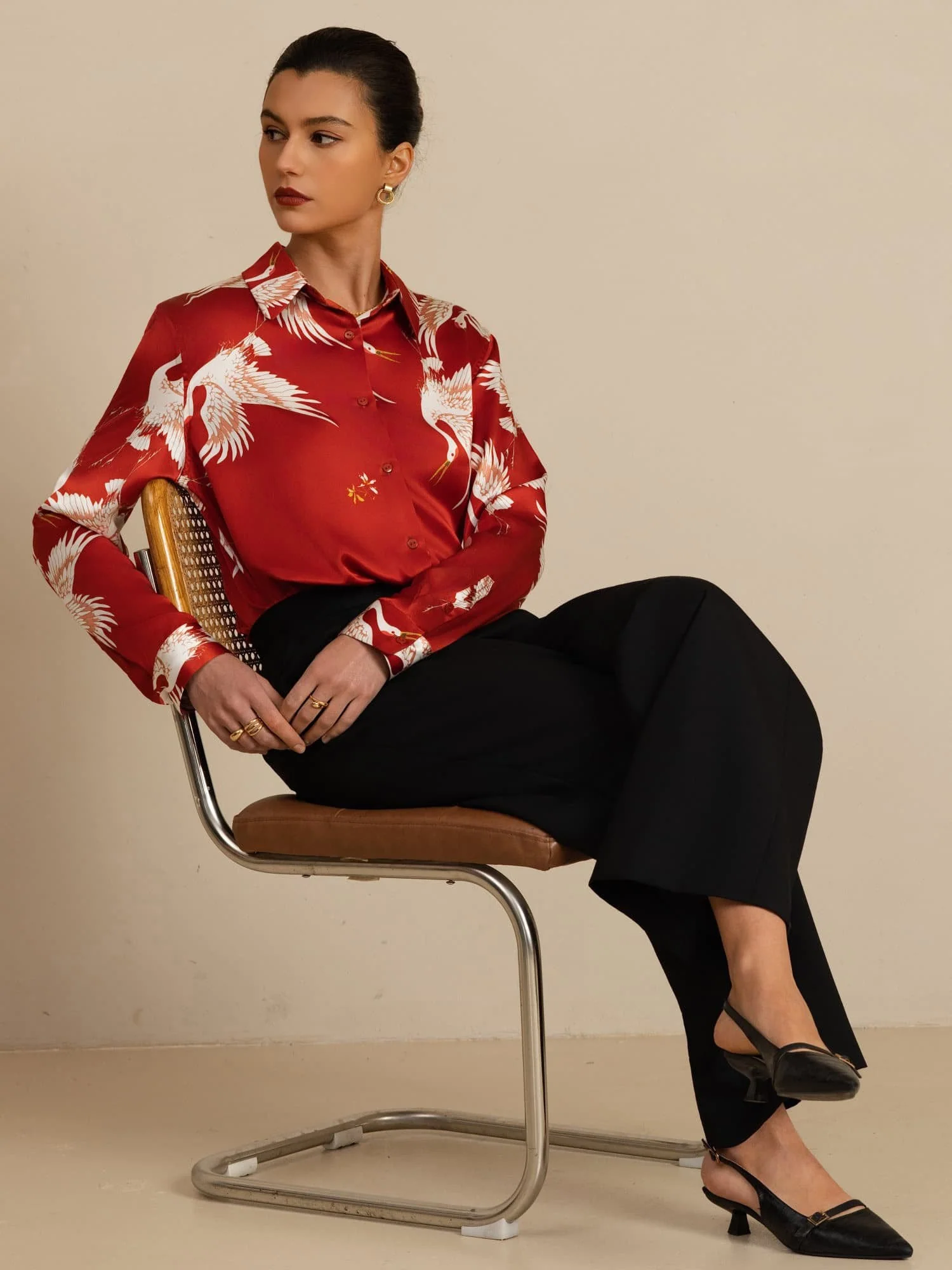 Blusa Mujer De Seda Pura 19 Momme Manga Larga Cuello Con Solapa Estampado Grulla Con Botones - Image 23