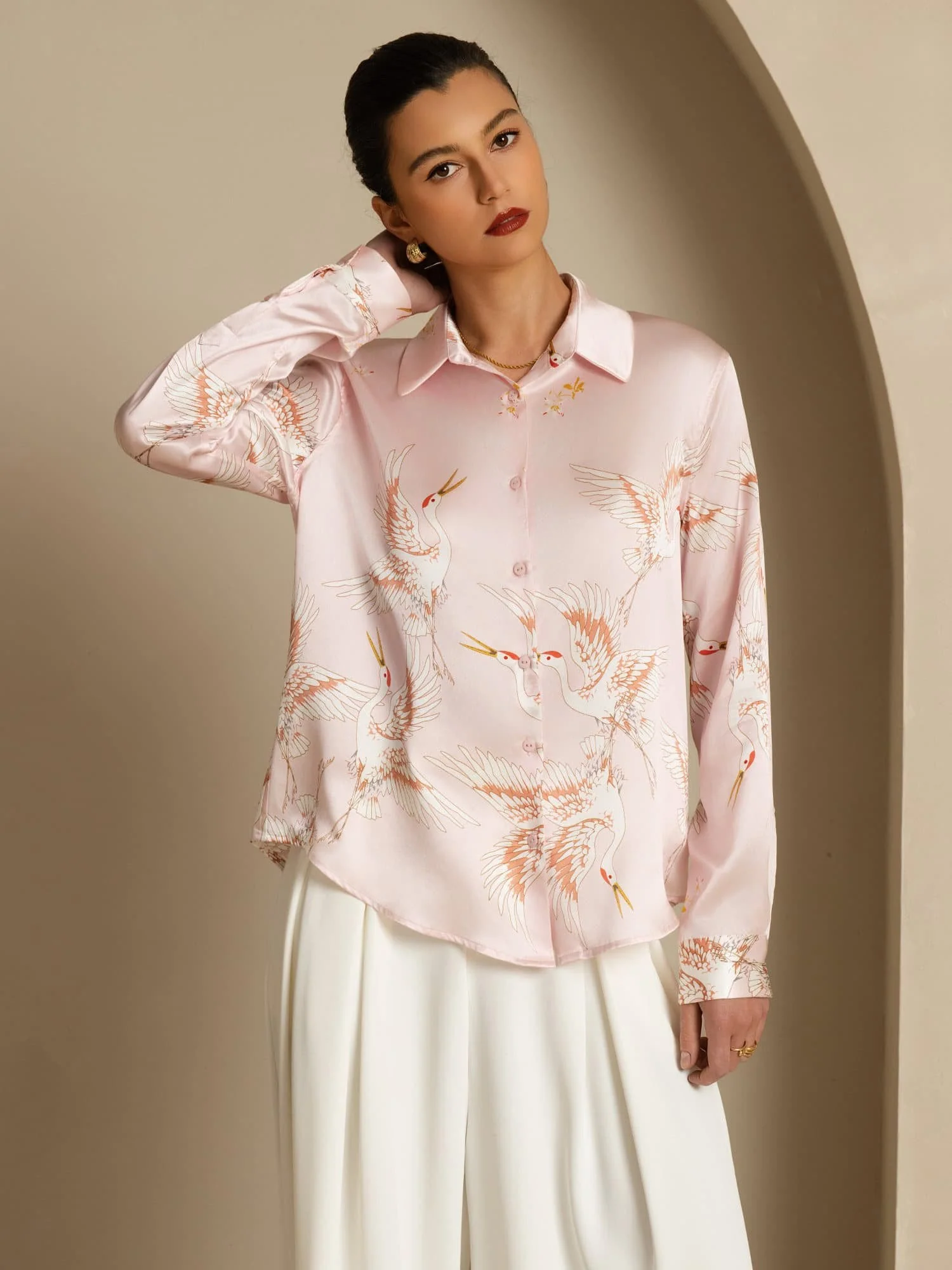 Blusa Mujer De Seda Pura 19 Momme Manga Larga Cuello Con Solapa Estampado Grulla Con Botones - Image 25