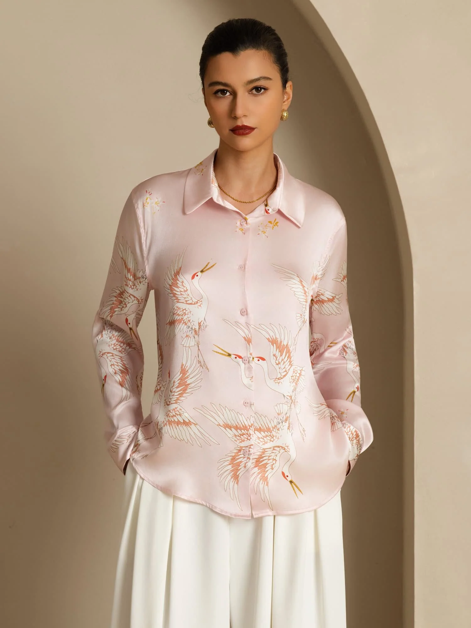 Blusa Mujer De Seda Pura 19 Momme Manga Larga Cuello Con Solapa Estampado Grulla Con Botones - Image 27