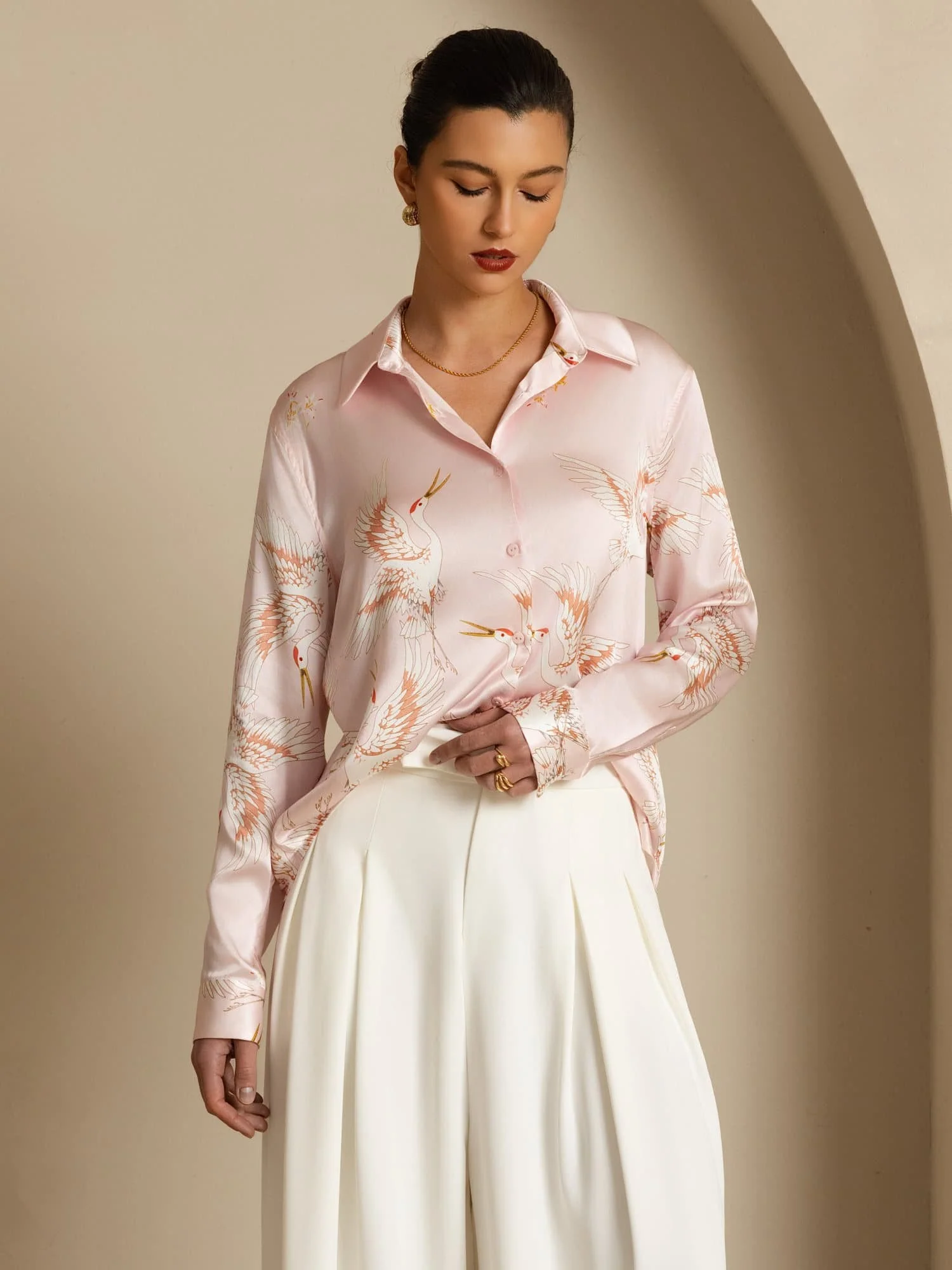 Blusa Mujer De Seda Pura 19 Momme Manga Larga Cuello Con Solapa Estampado Grulla Con Botones - Image 28