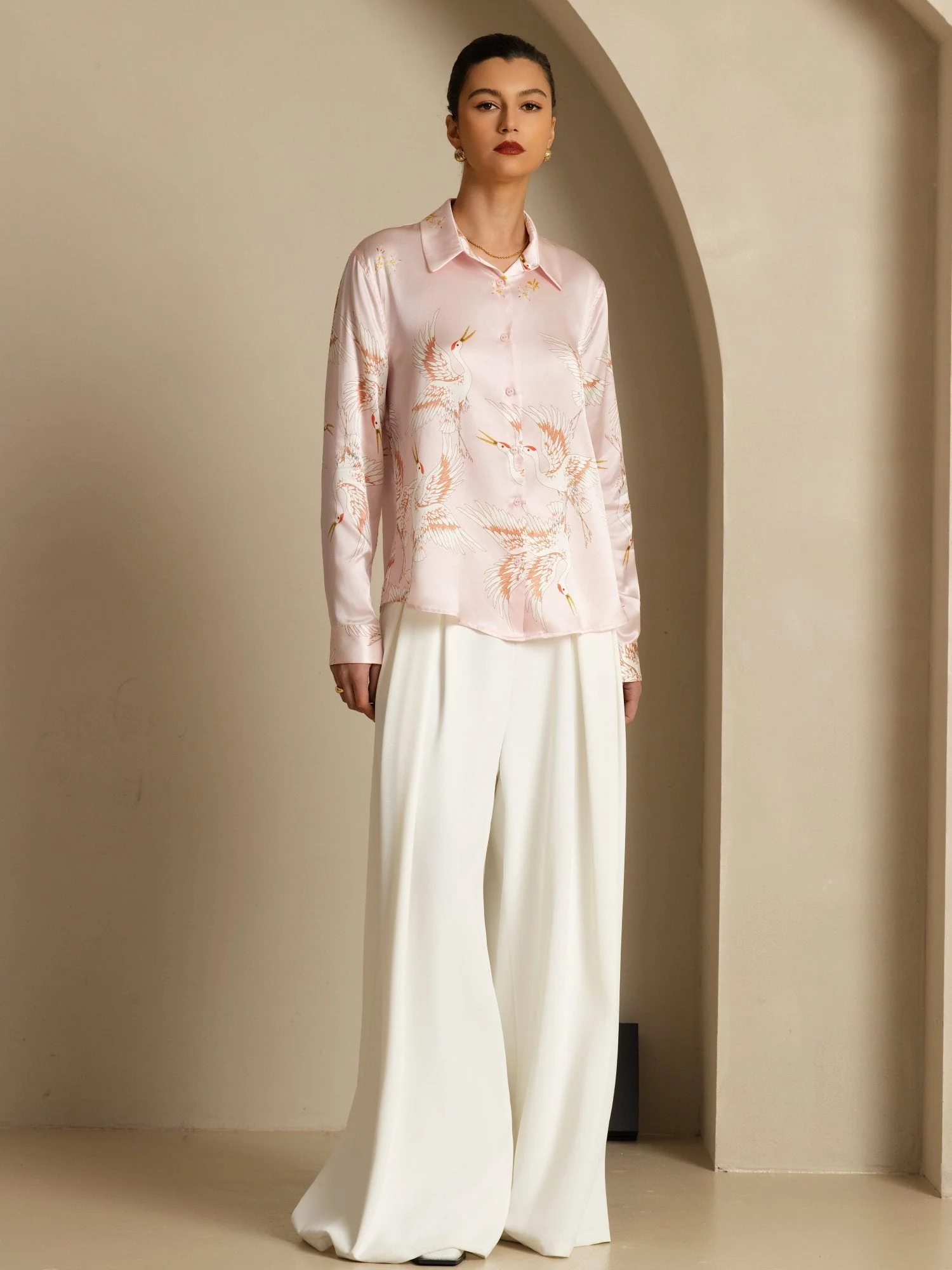 Blusa Mujer De Seda Pura 19 Momme Manga Larga Cuello Con Solapa Estampado Grulla Con Botones - Image 29