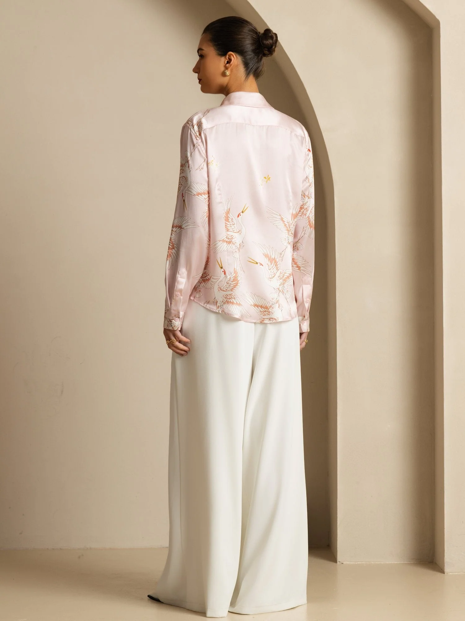 Blusa Mujer De Seda Pura 19 Momme Manga Larga Cuello Con Solapa Estampado Grulla Con Botones - Image 30