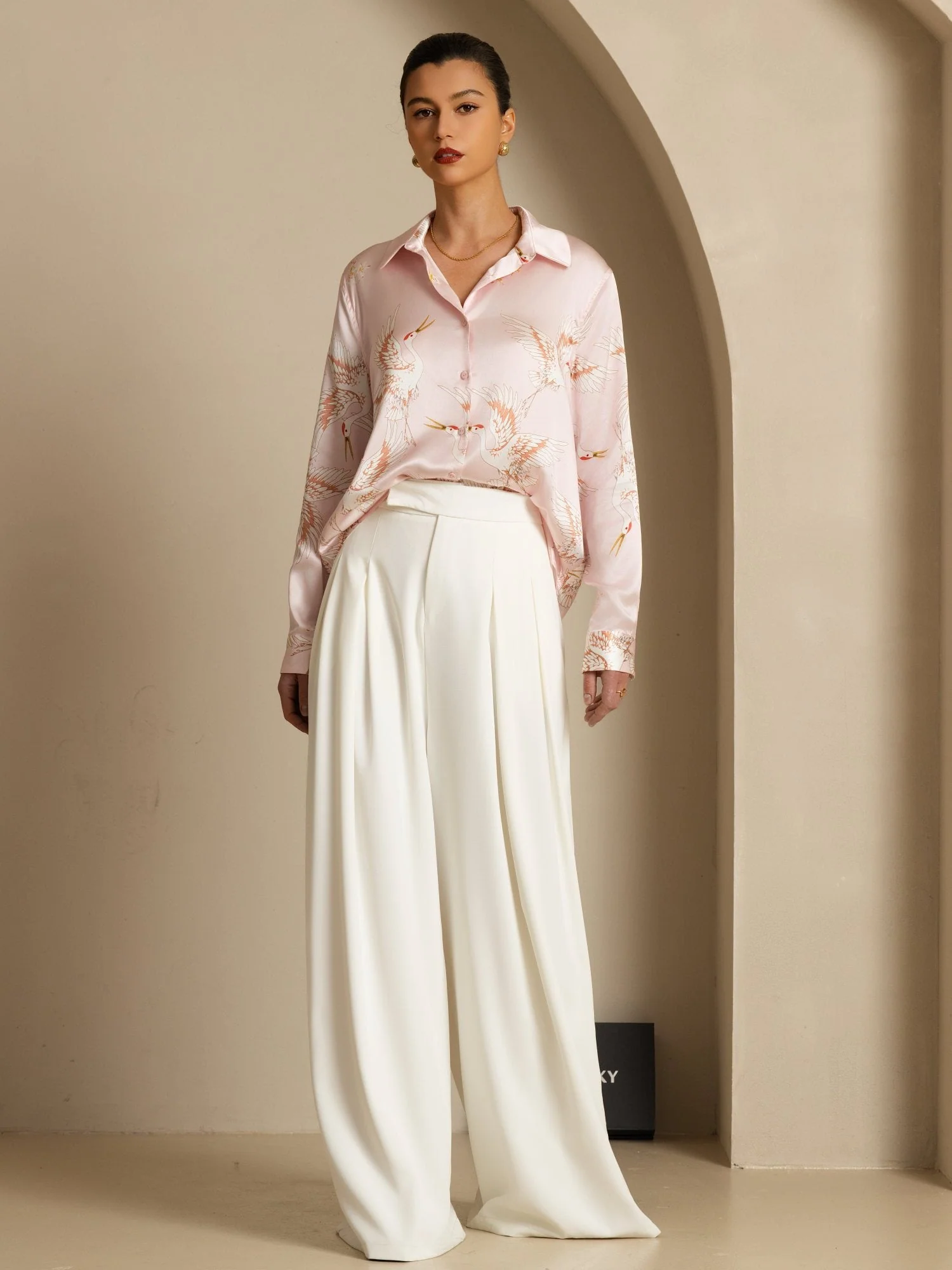 Blusa Mujer De Seda Pura 19 Momme Manga Larga Cuello Con Solapa Estampado Grulla Con Botones - Image 31